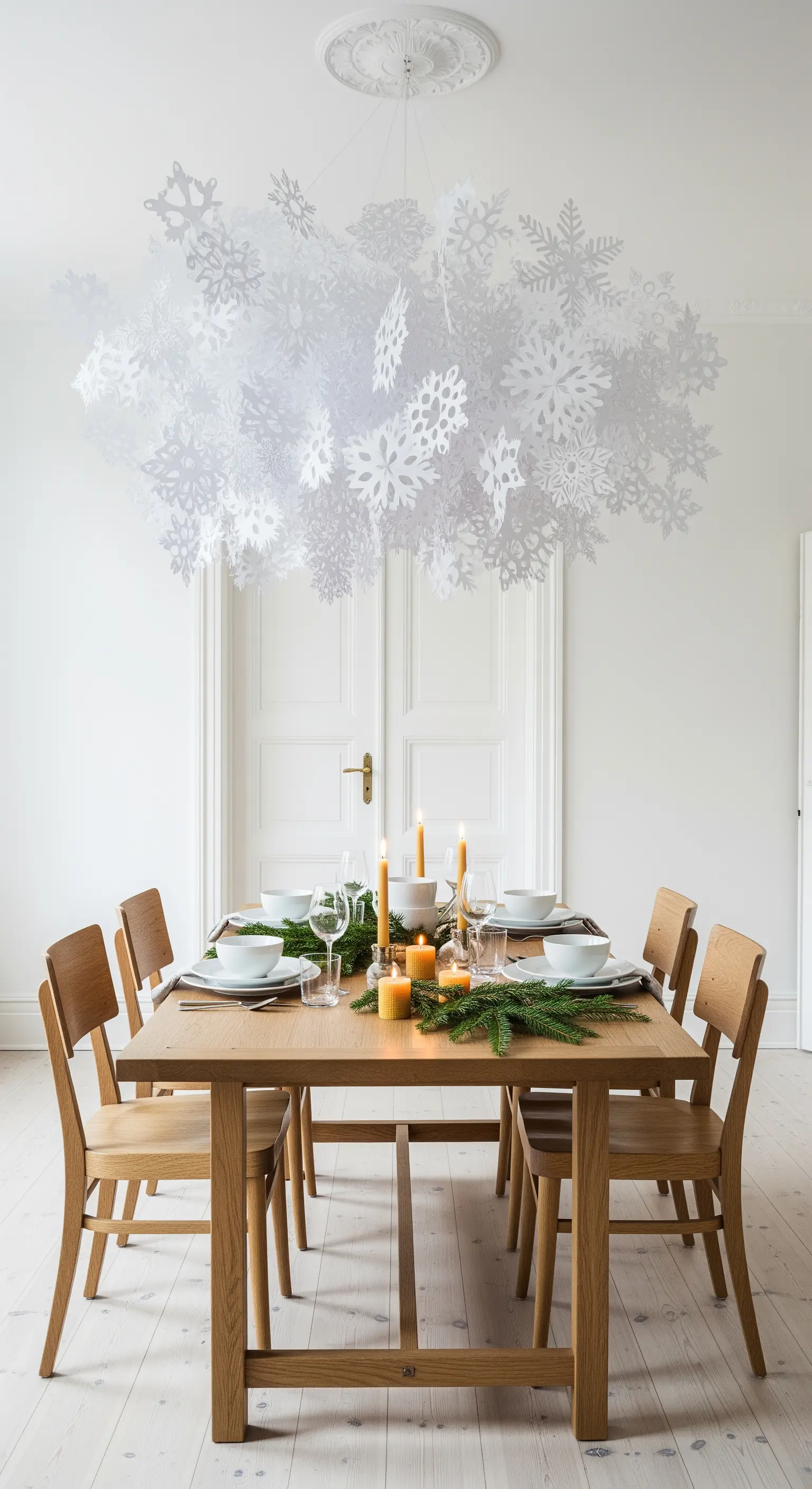 Dichte Installation aus vielen Papier-Schneeflocken, die wie eine Wolke über einem Holztisch schweben.