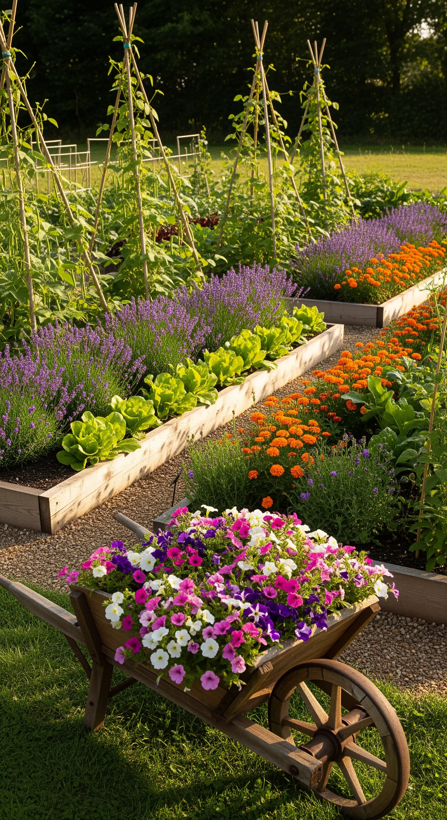 Gemüsegarten mit Bohnenstangen, Lavendel und bepflanzter Schubkarre