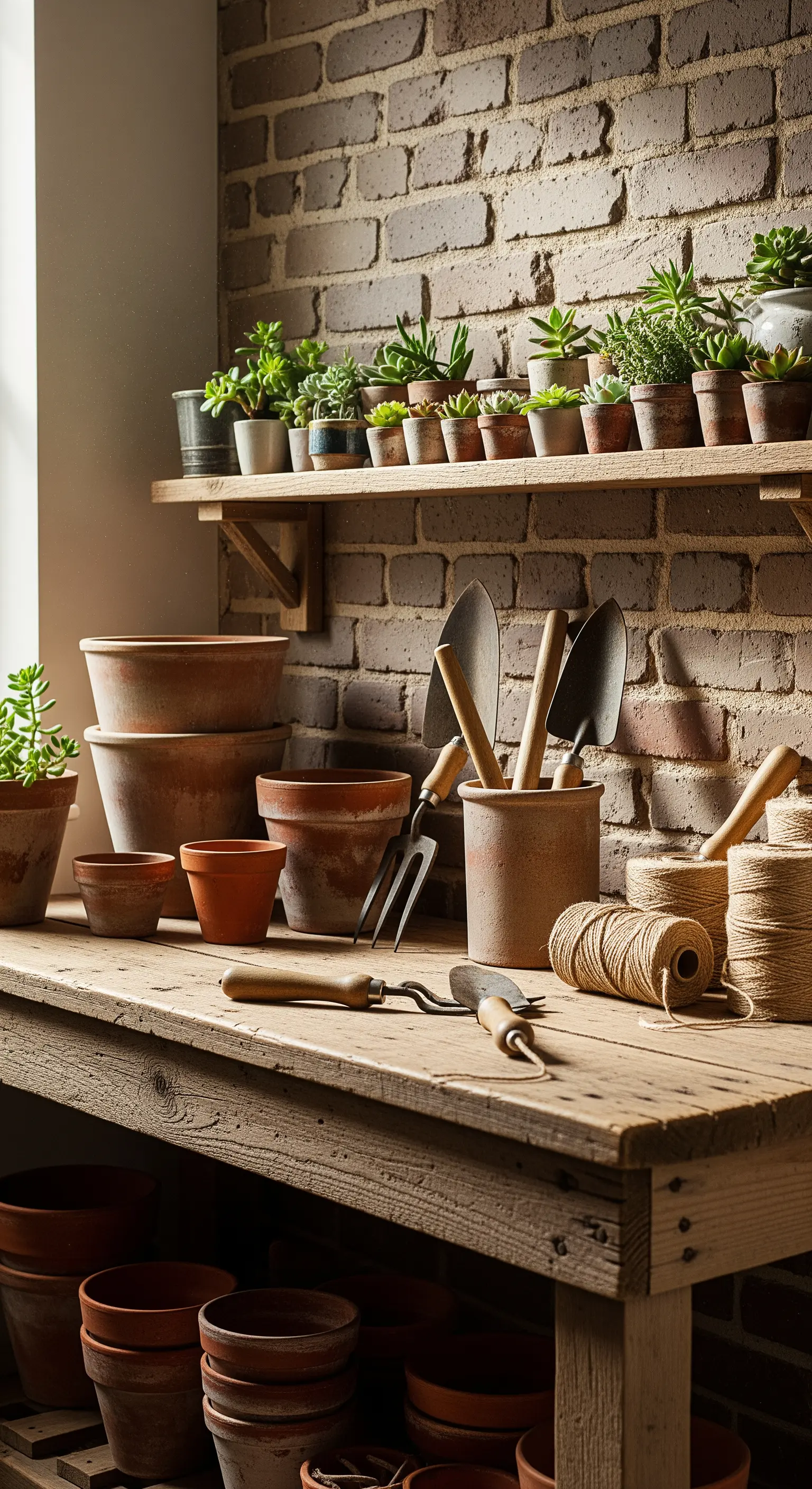 Pflanztisch mit geordneten Tontöpfen und Gartenwerkzeug