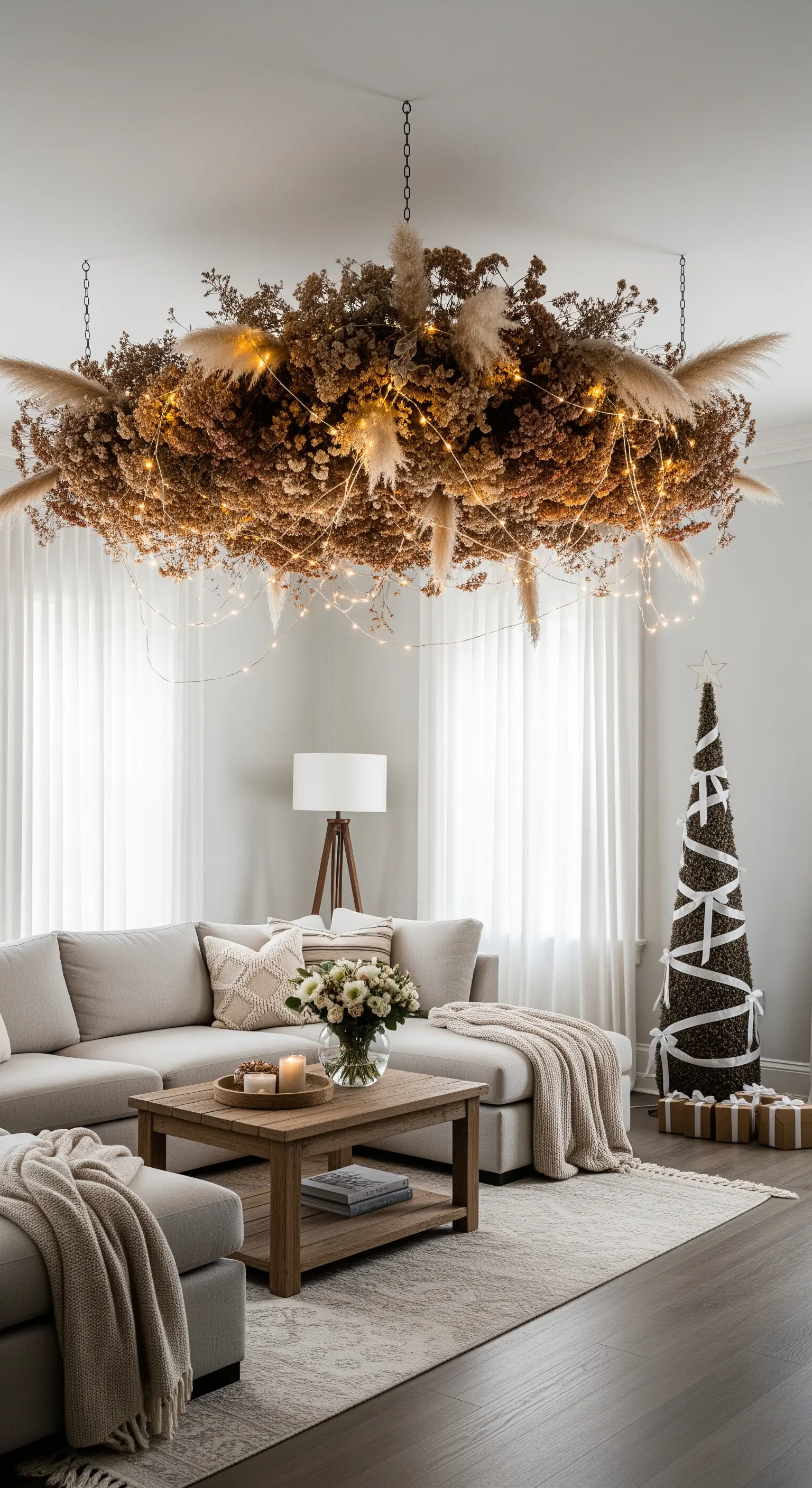 Große, schwebende Installation aus Trockenblumen und Lichtern an der Decke