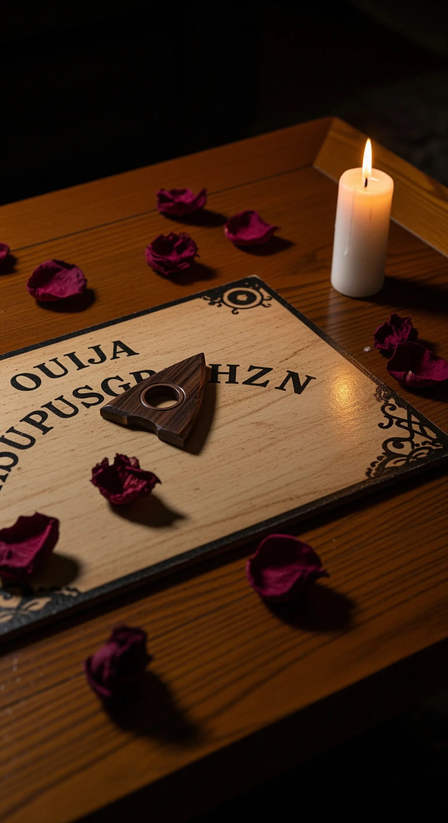 Ouija-Brett mit Planchette, Rosenblättern und Kerze