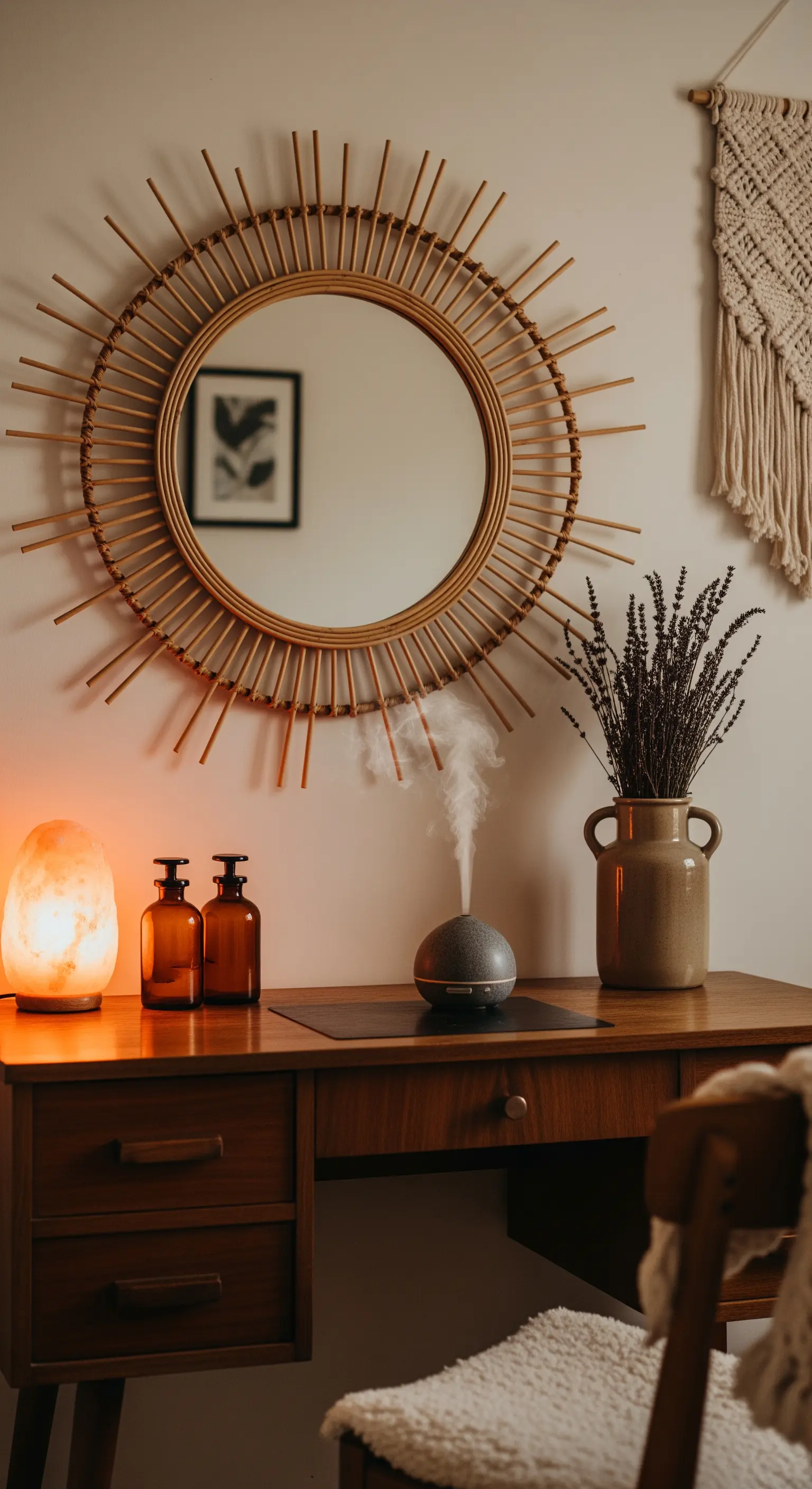 Kommode mit Rattan-Spiegel, Salzlampe und Aroma-Diffuser