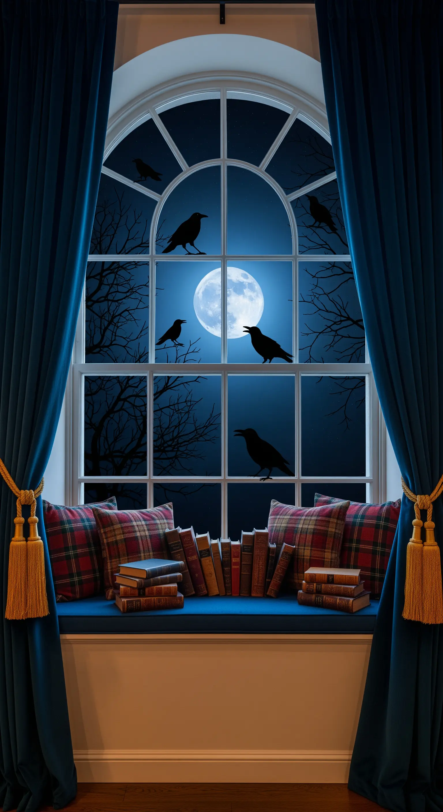 Fenster mit Raben-Silhouetten vor Mondlicht