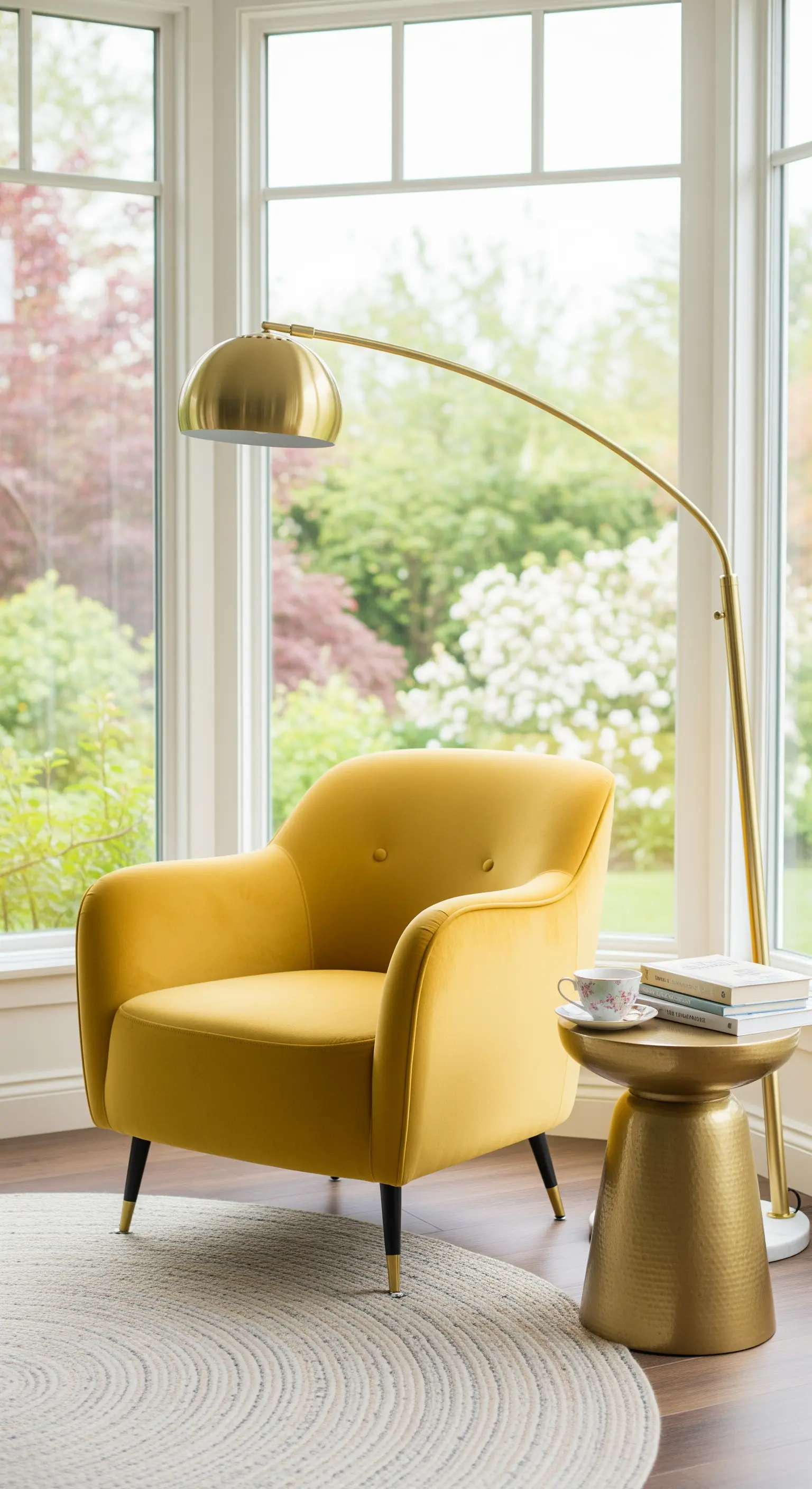 Gelber Samtsessel mit Bogenlampe am Fenster