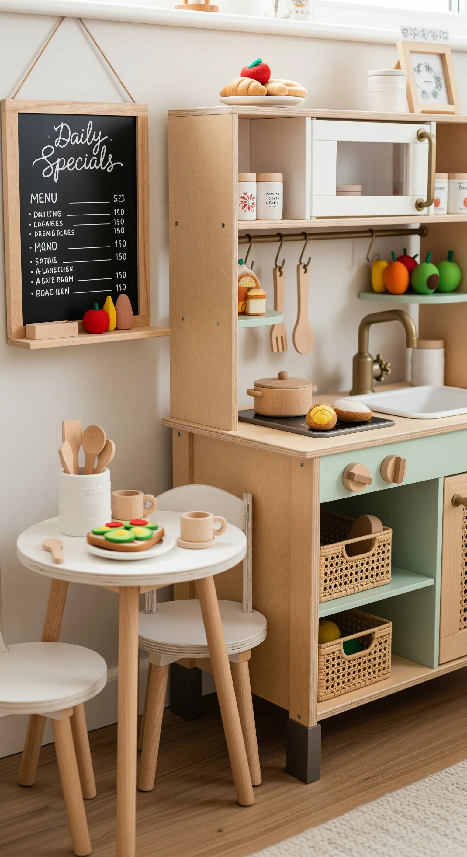 Holz-Spielküche mit pastellgrünen Akzenten und Rattankörben