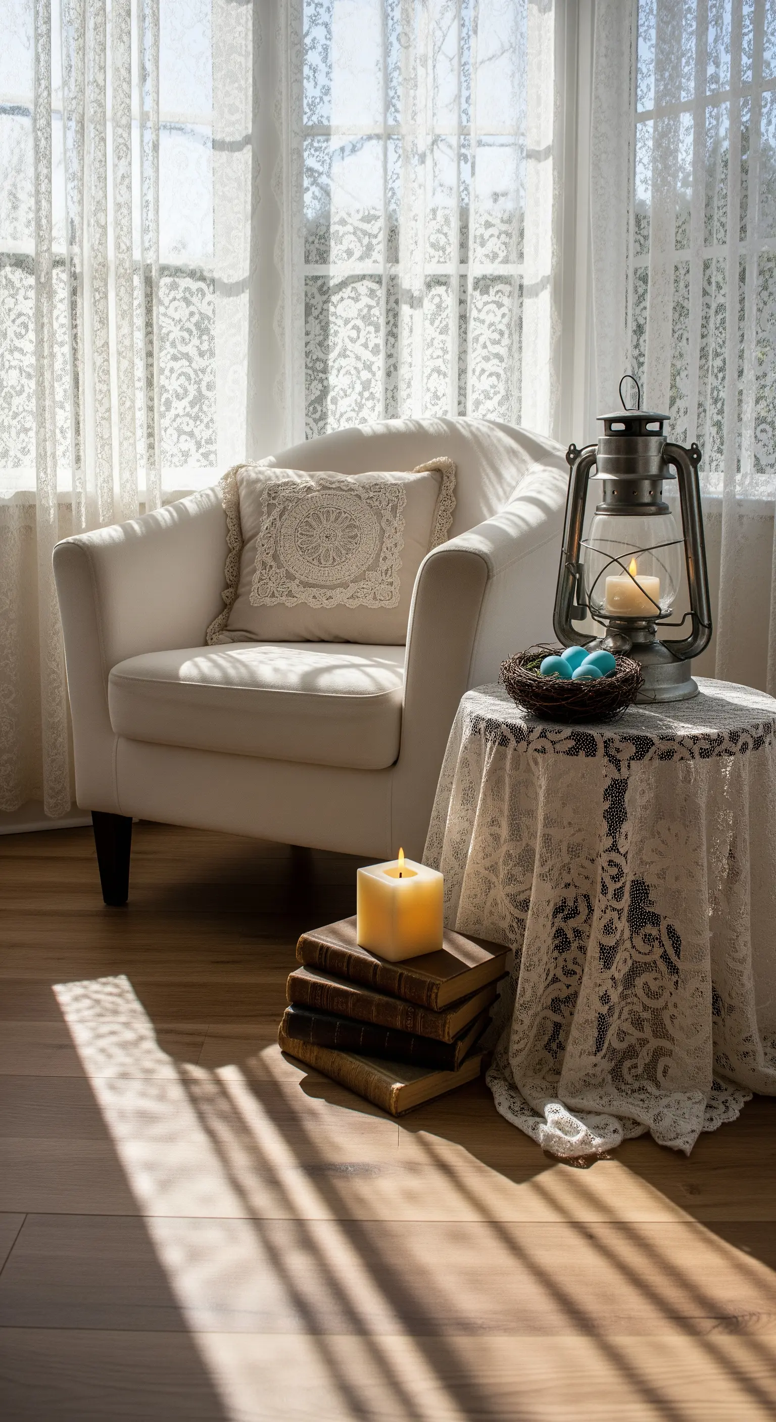 Weißer Sessel am Fenster mit Spitzen-Beistelltisch und Laterne