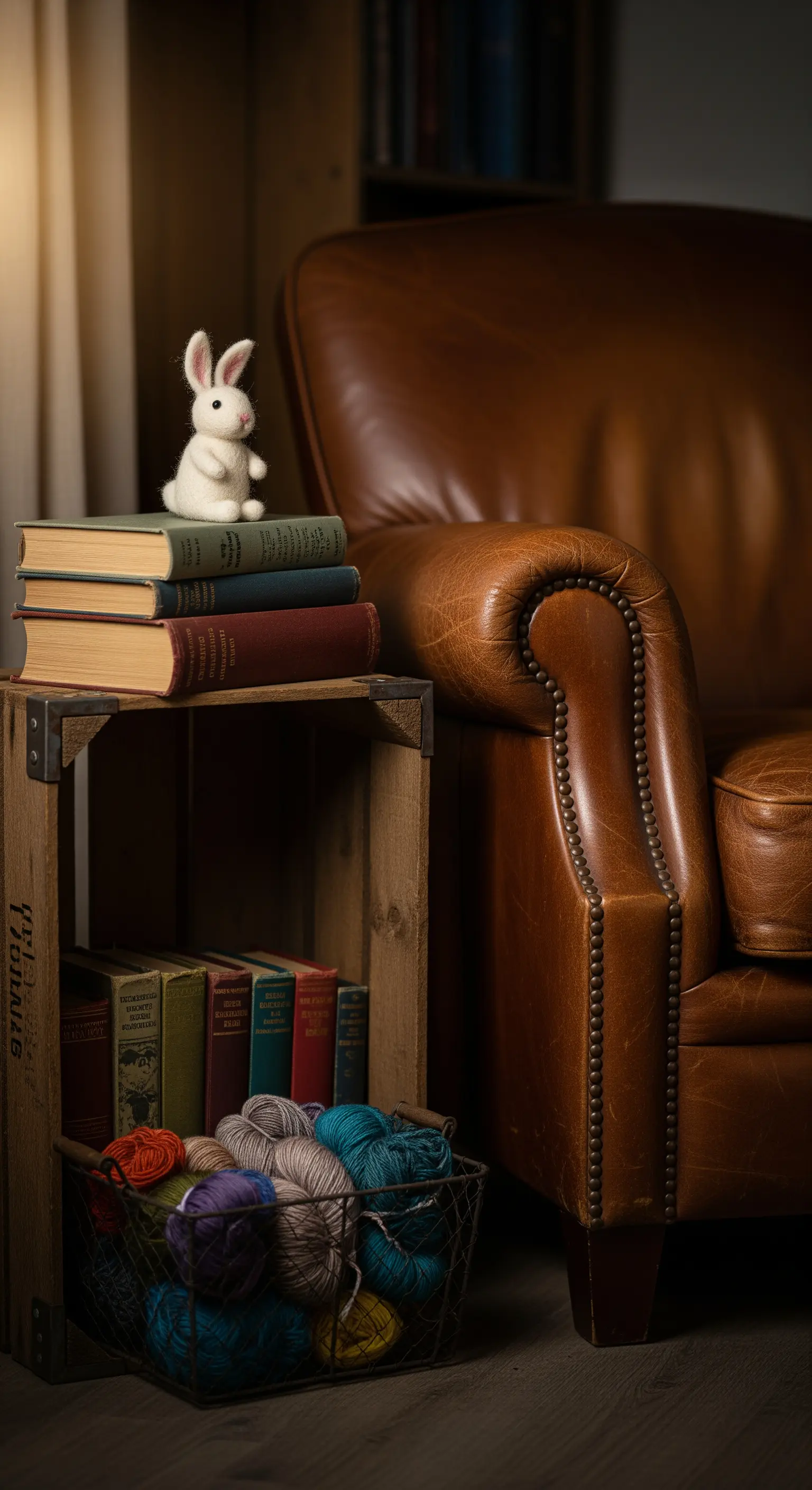 Ledersessel neben Holzkiste mit Büchern, Wolle und kleinem Filzhasen