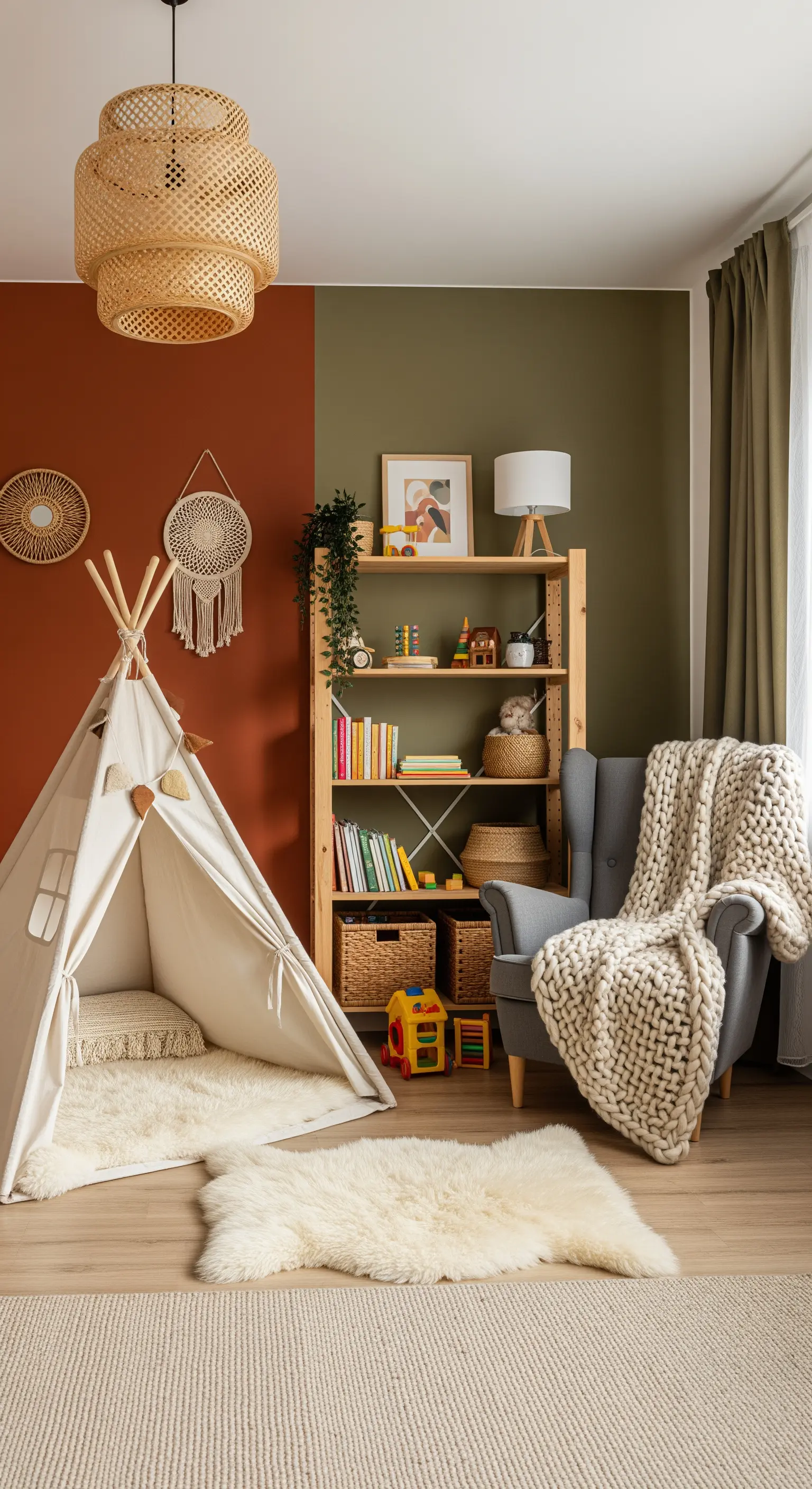 Kinderzimmer-Ecke mit Tipi, Sessel und terrakottafarbener Wand