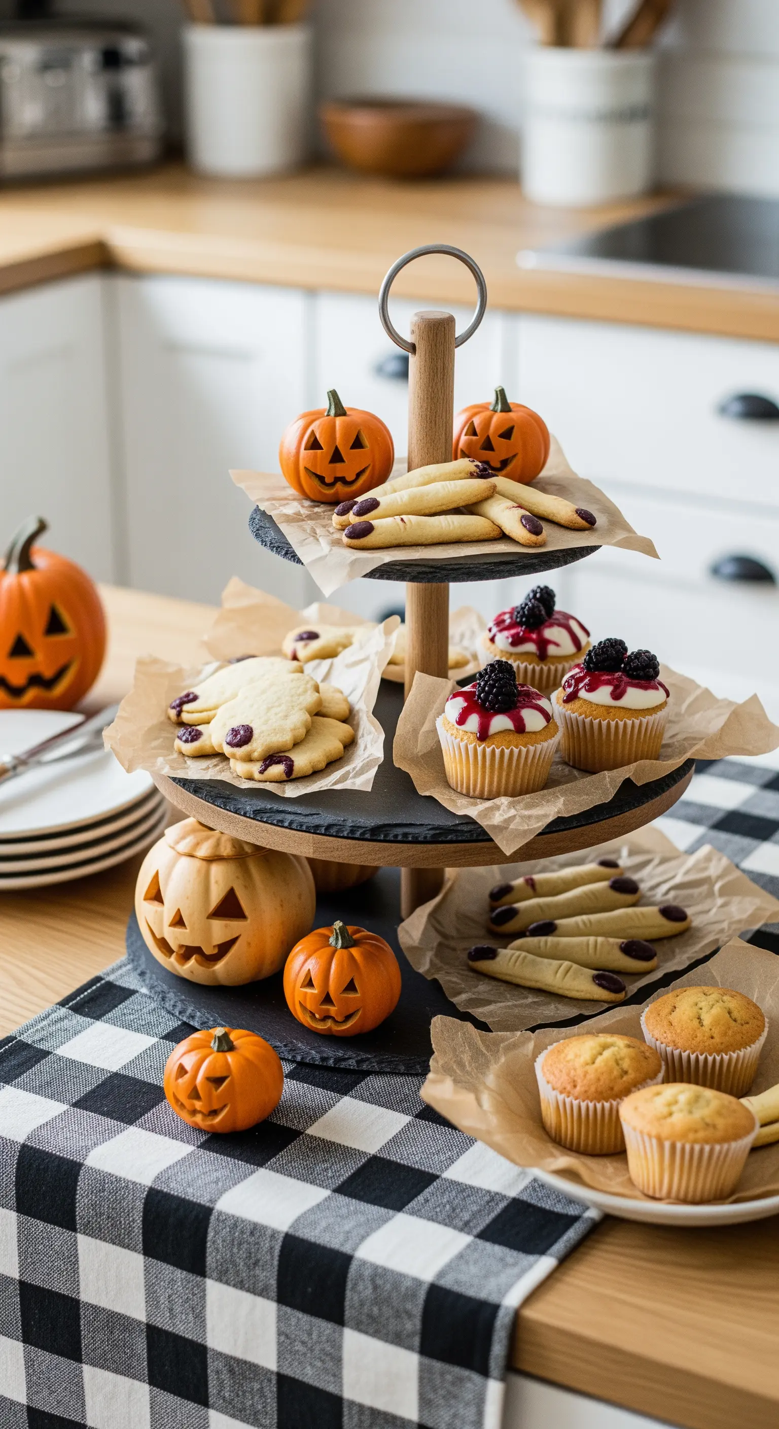 Etagere mit Halloween-Gebäck und kleinen Kürbissen
