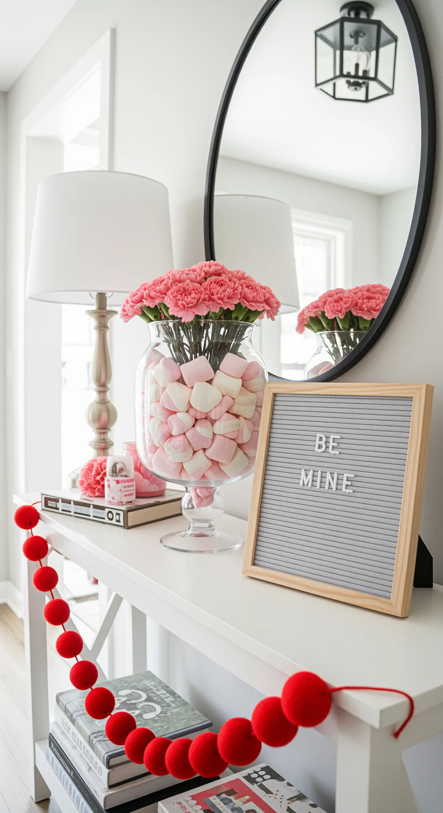 Weißer Konsolentisch mit Blumen, Marshmallows und Letterboard