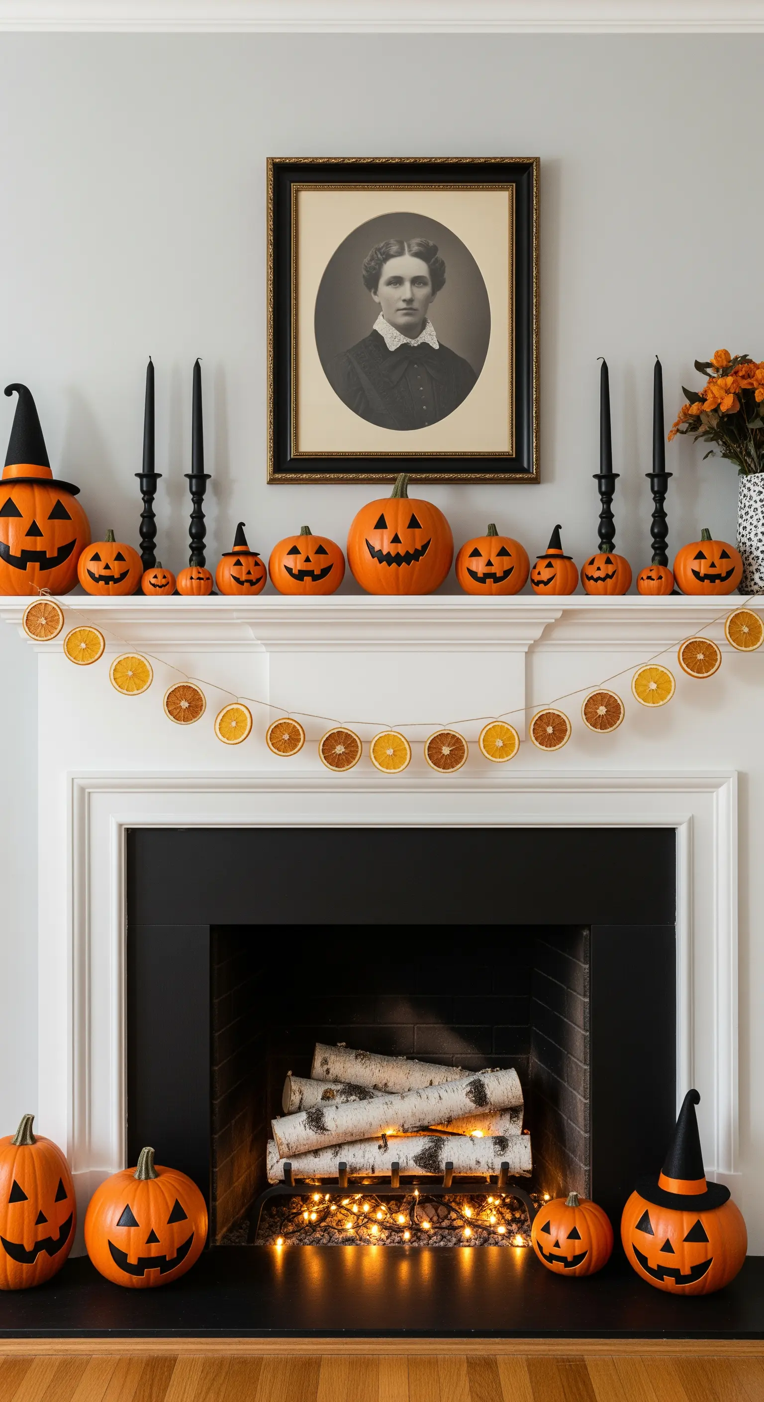 Kamin mit Kürbisreihe und Orangenscheiben-Girlande