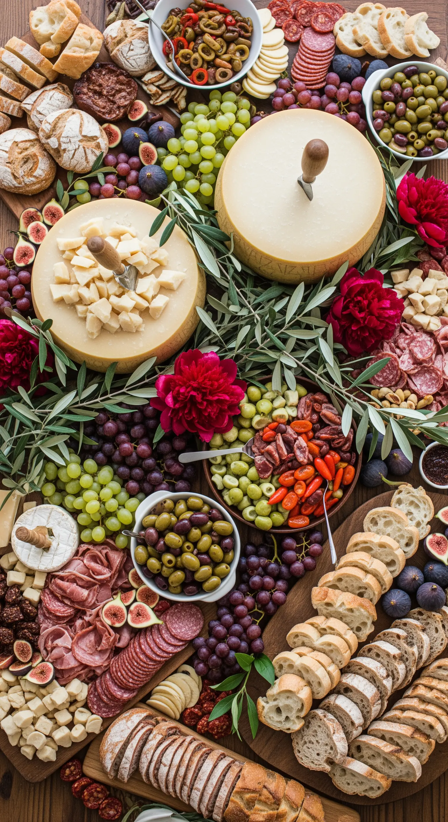 Üppiges Antipasti-Buffet mit Parmesankäse, Salami und Blumen