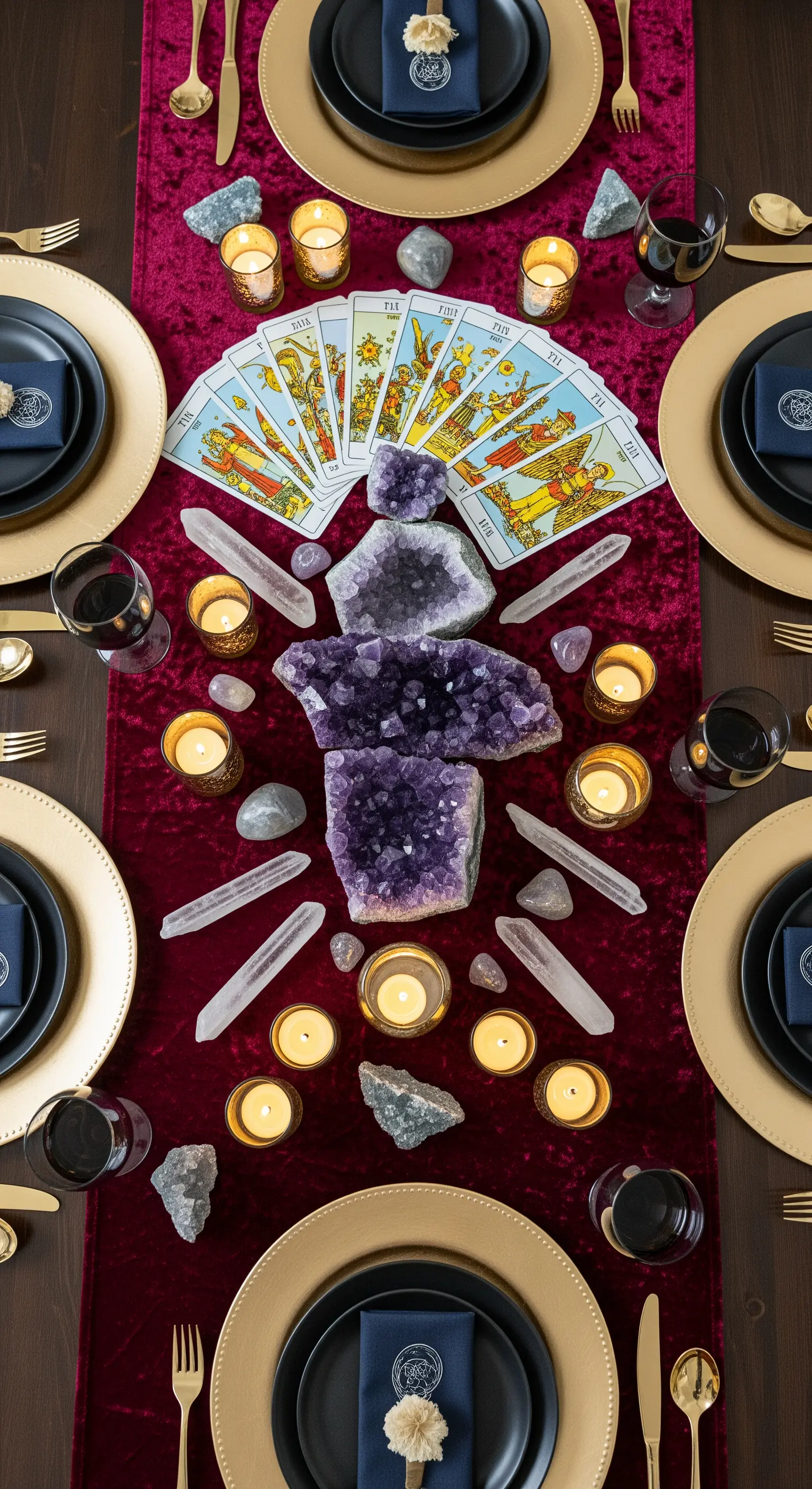 Tarotkarten, Amethyst-Kristalle und Teelichter auf rotem Samt