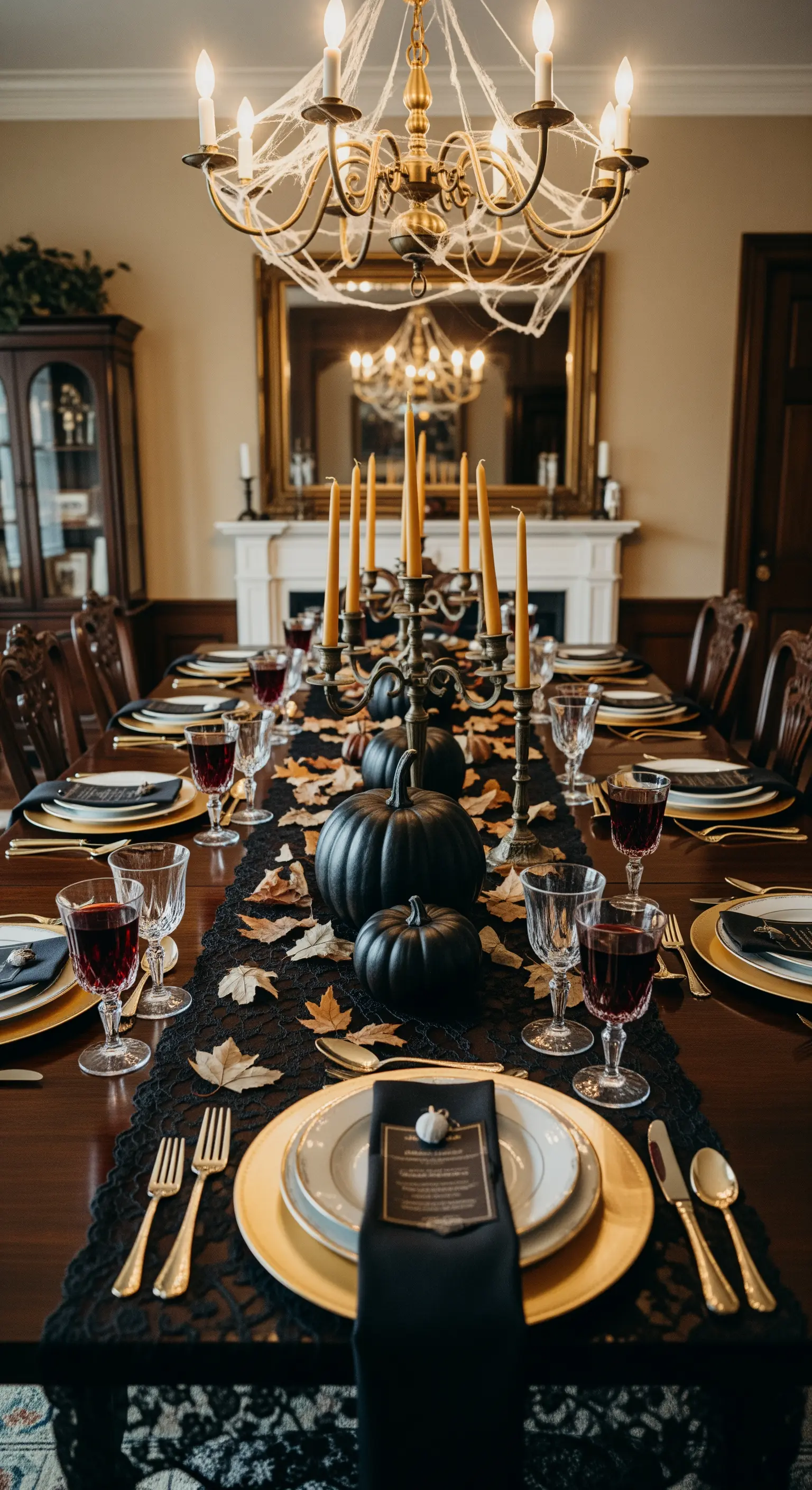Esstisch mit schwarzen Kürbissen und goldenem Geschirr