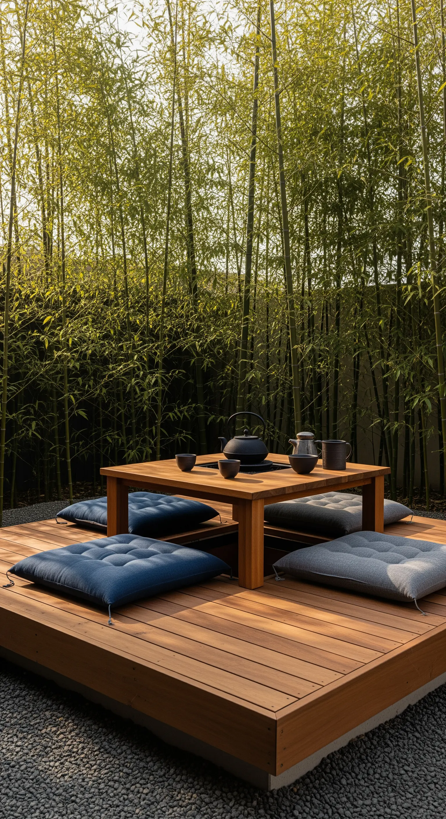 Holzpodest mit niedrigem Tisch und Sitzkissen im Bambuswald