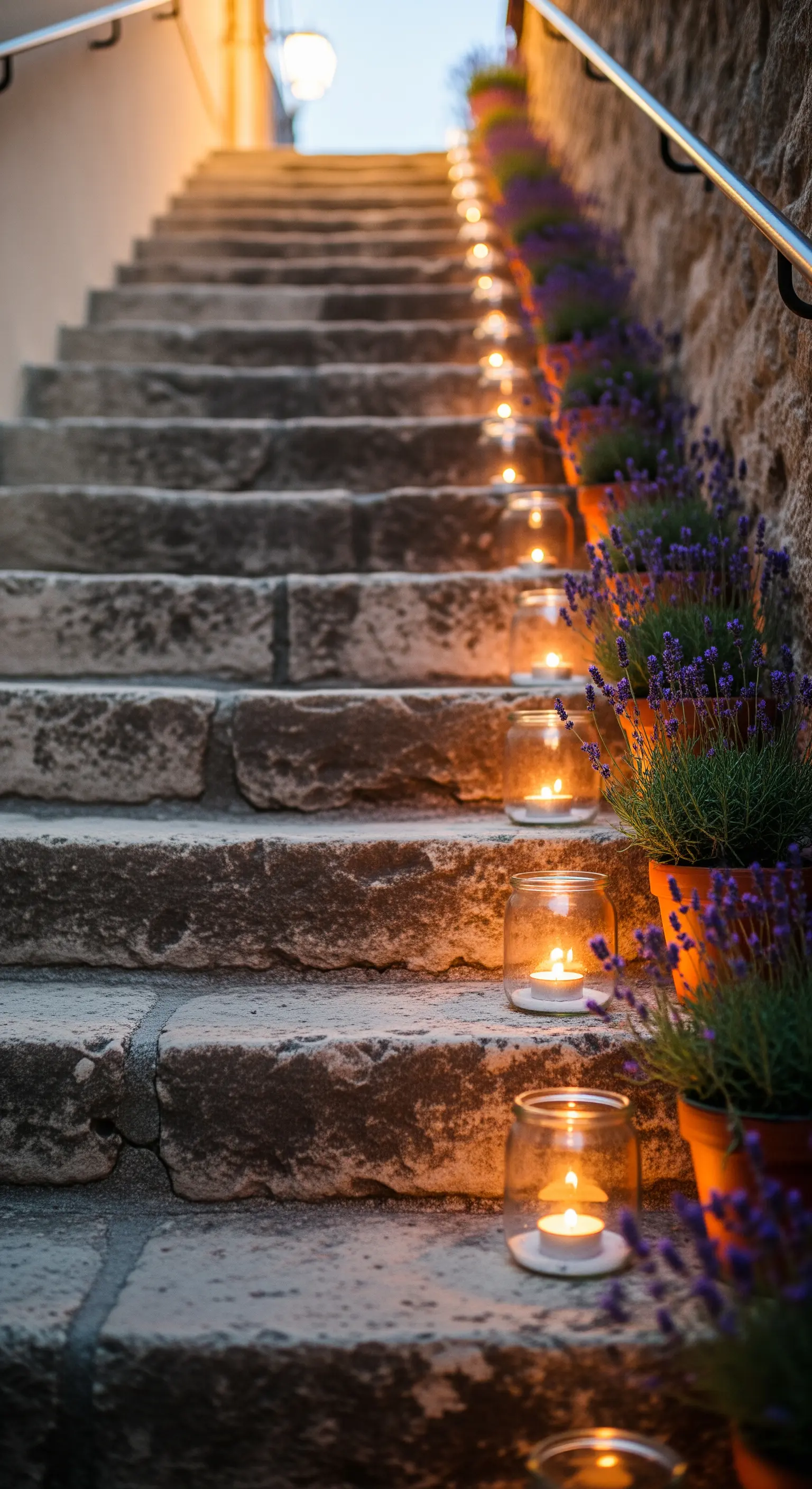 Steintreppe gesäumt von Einmachglas-Windlichtern und Lavendeltöpfen