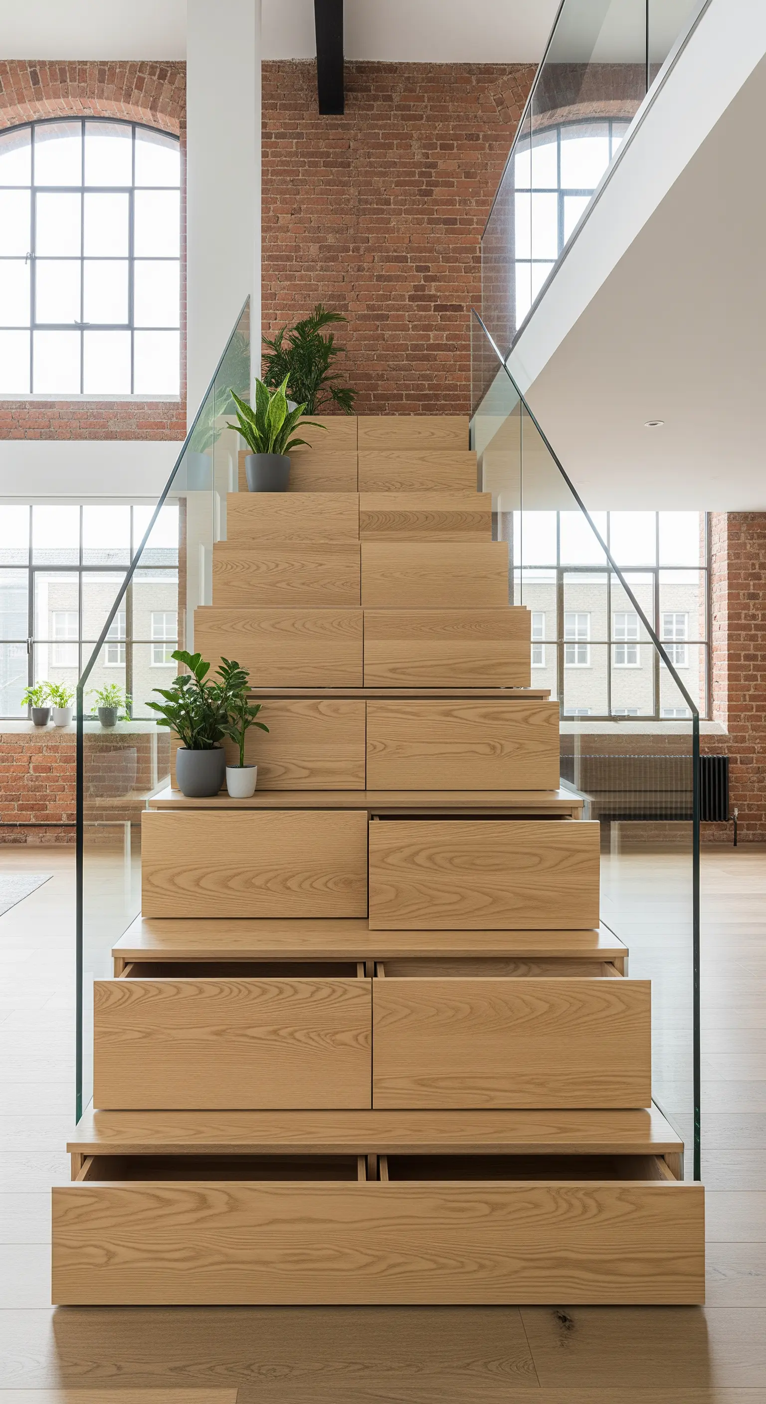 Holztreppe mit integrierten Schubladen in den Stufen