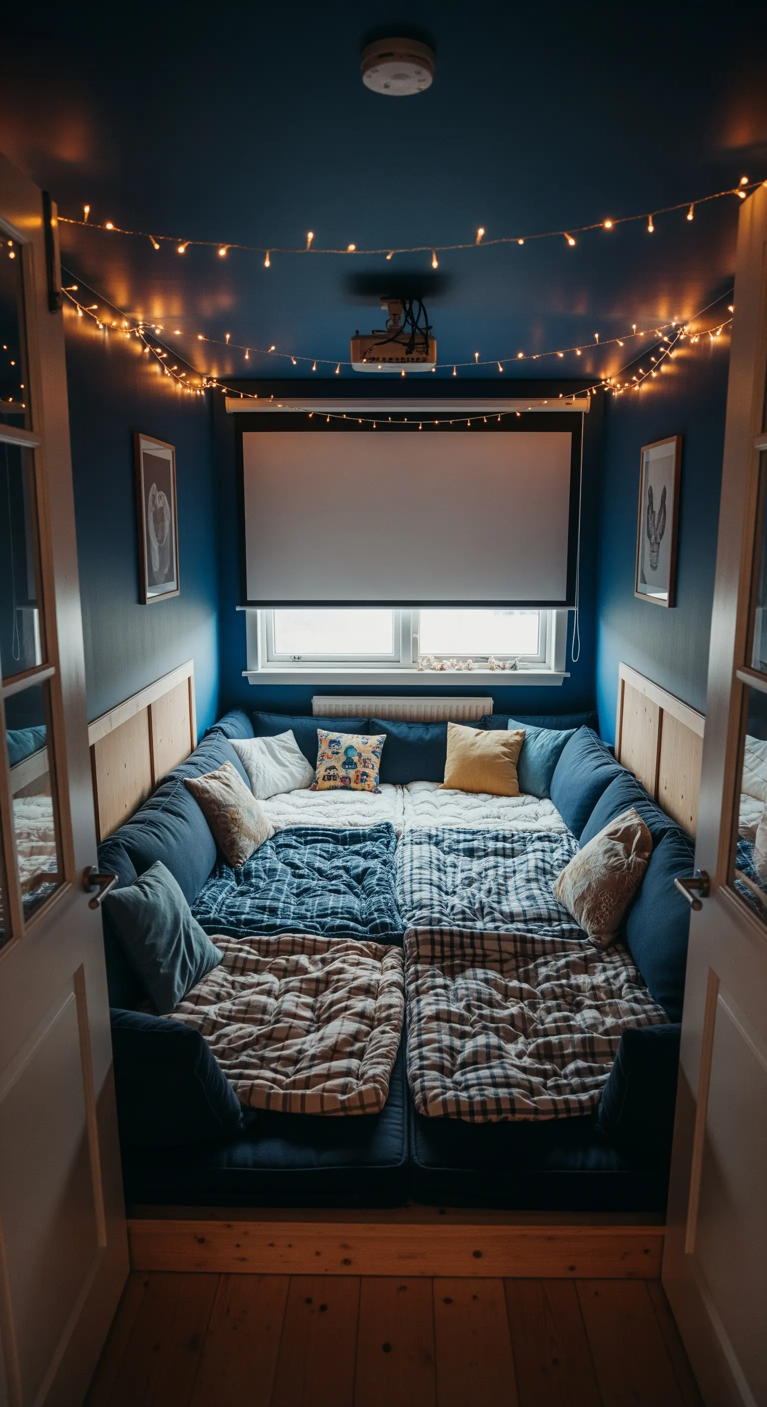 Kleiner Raum komplett ausgelegt mit Matratzen und Lichterhimmel