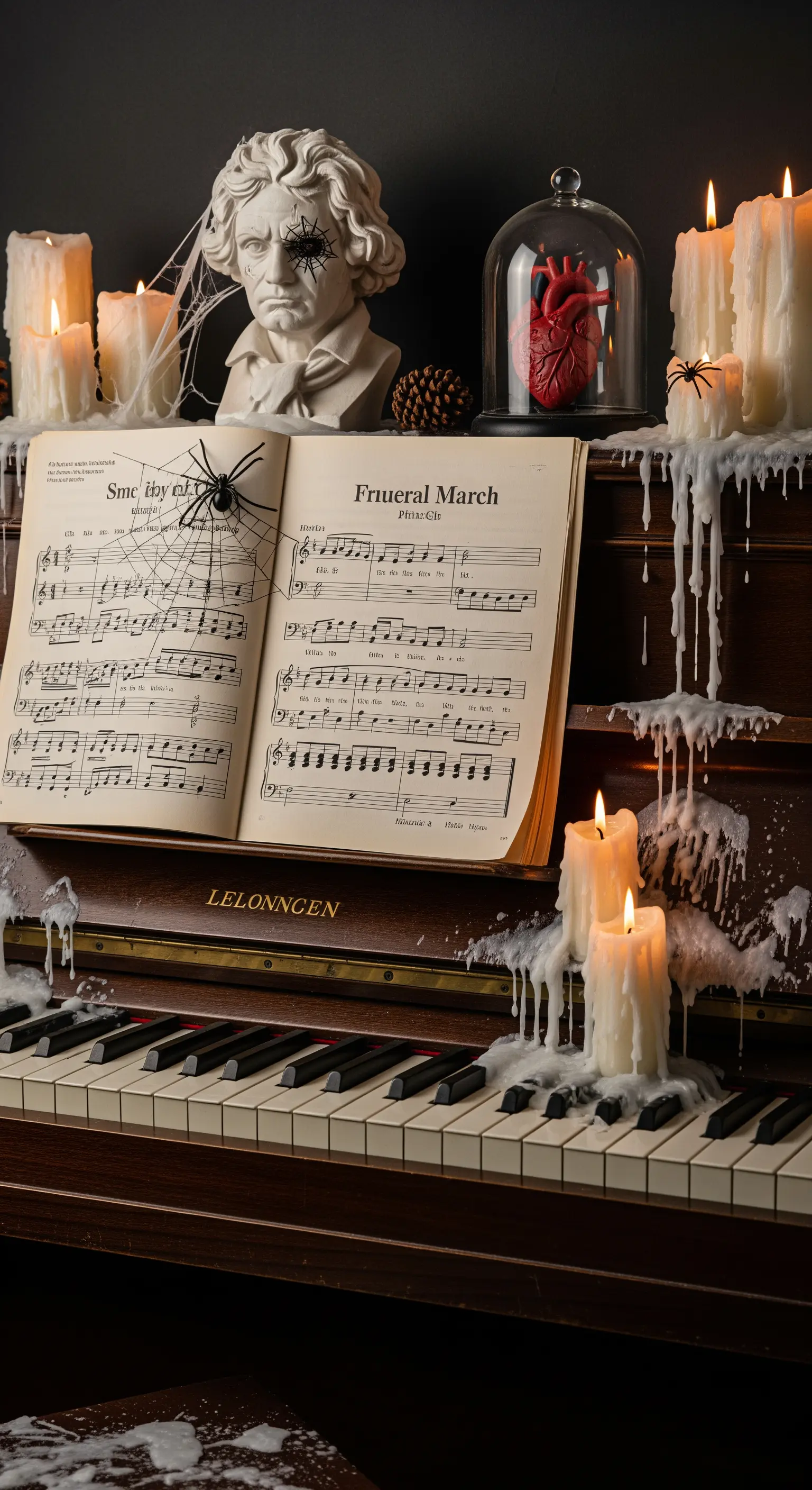 Klavier mit Spinnweben und Wachskerzen