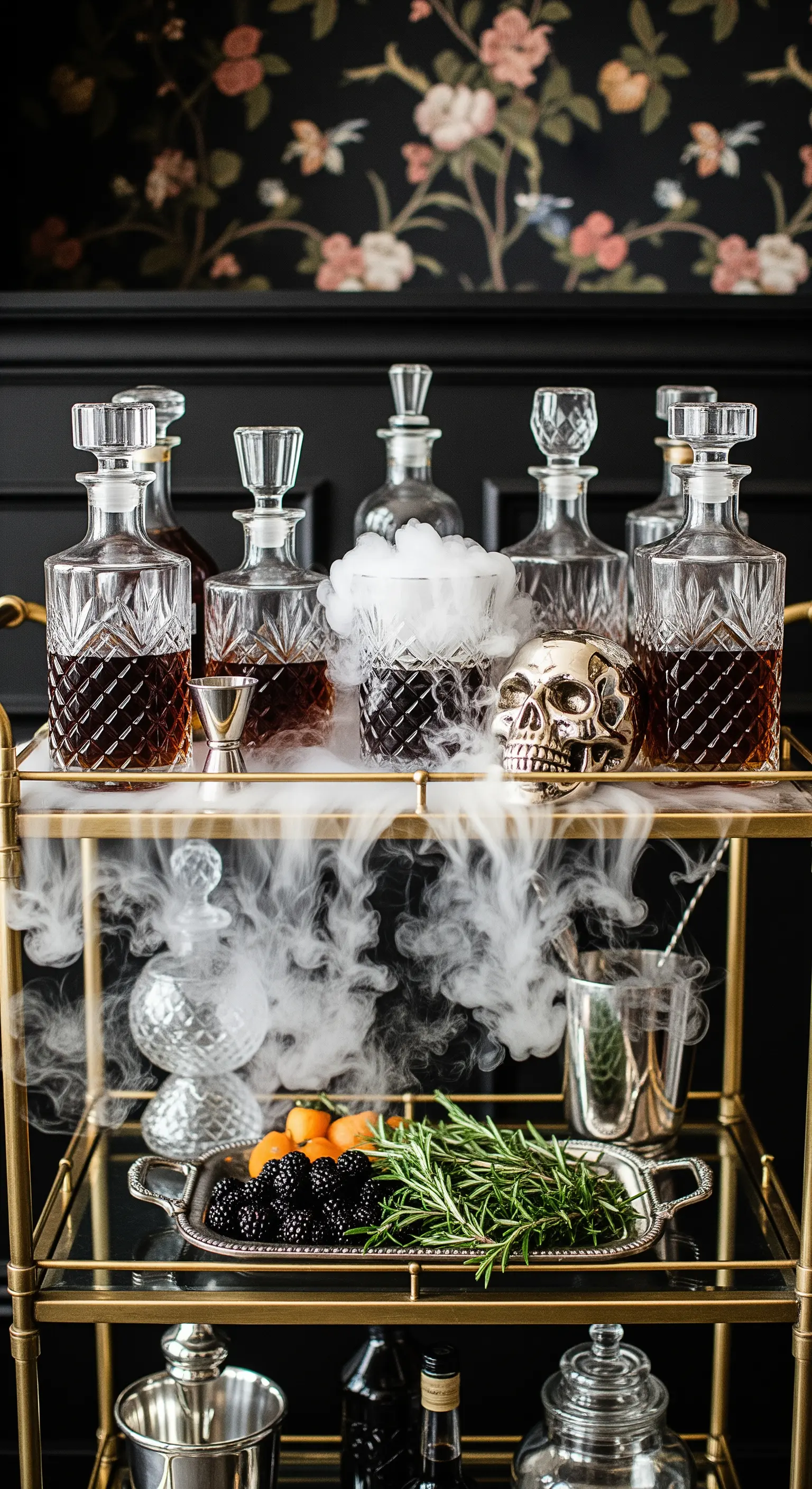 Goldener Barwagen mit Nebel und Kristallgläsern