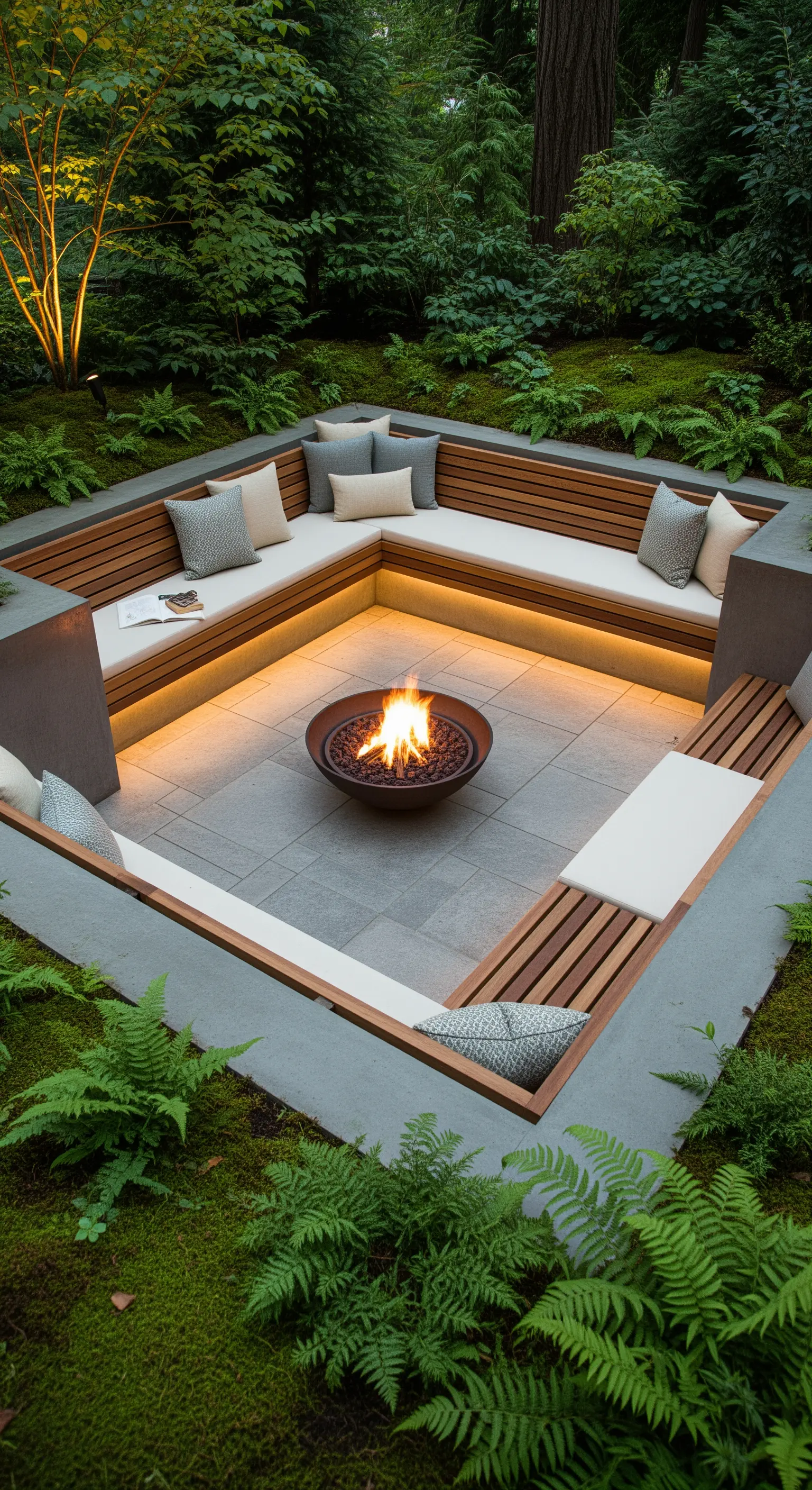 Versenkte Terrasse mit Holzbänken und Feuerstelle