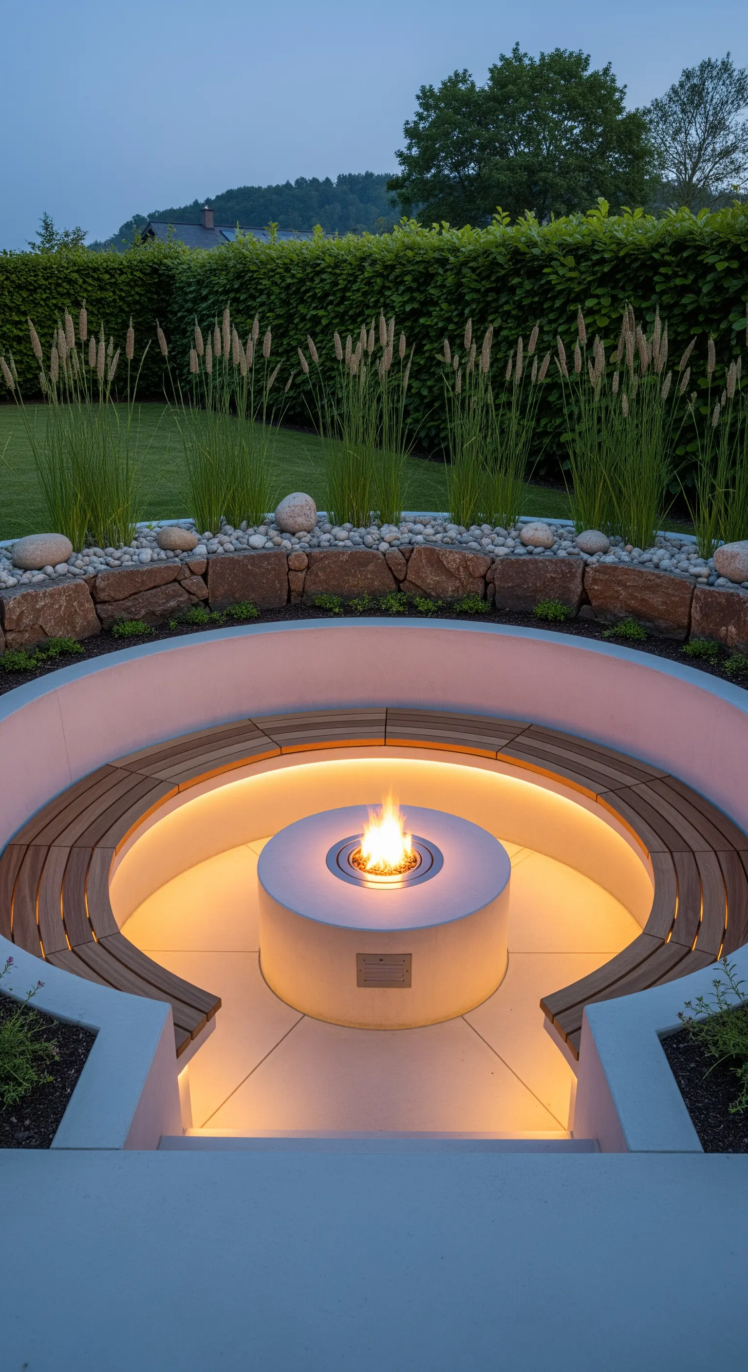 Runde, abgesenkte Sitzlounge mit Feuerstelle und Licht