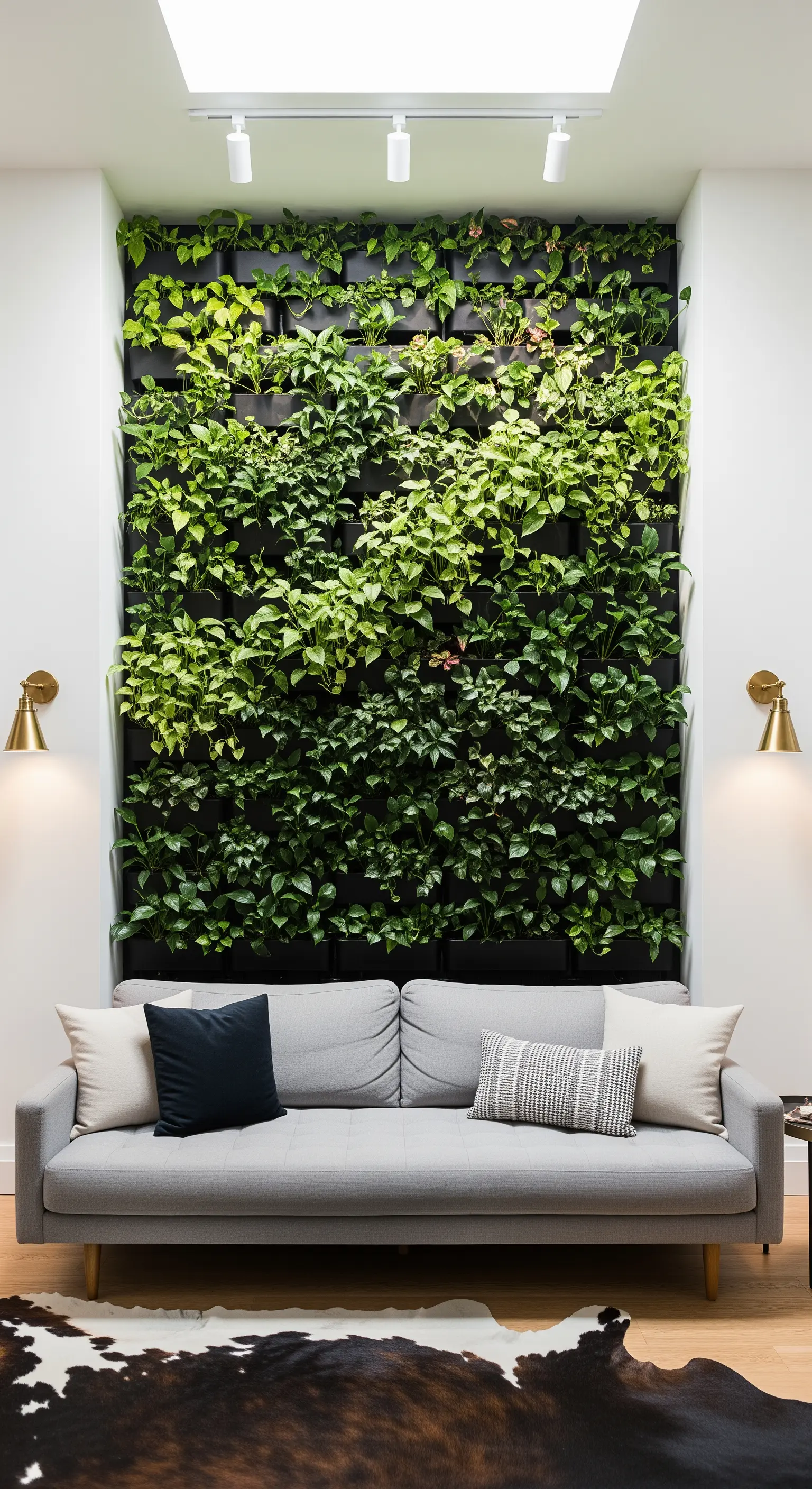 Komplette Wand begrünt mit Pflanzen hinter grauem Sofa