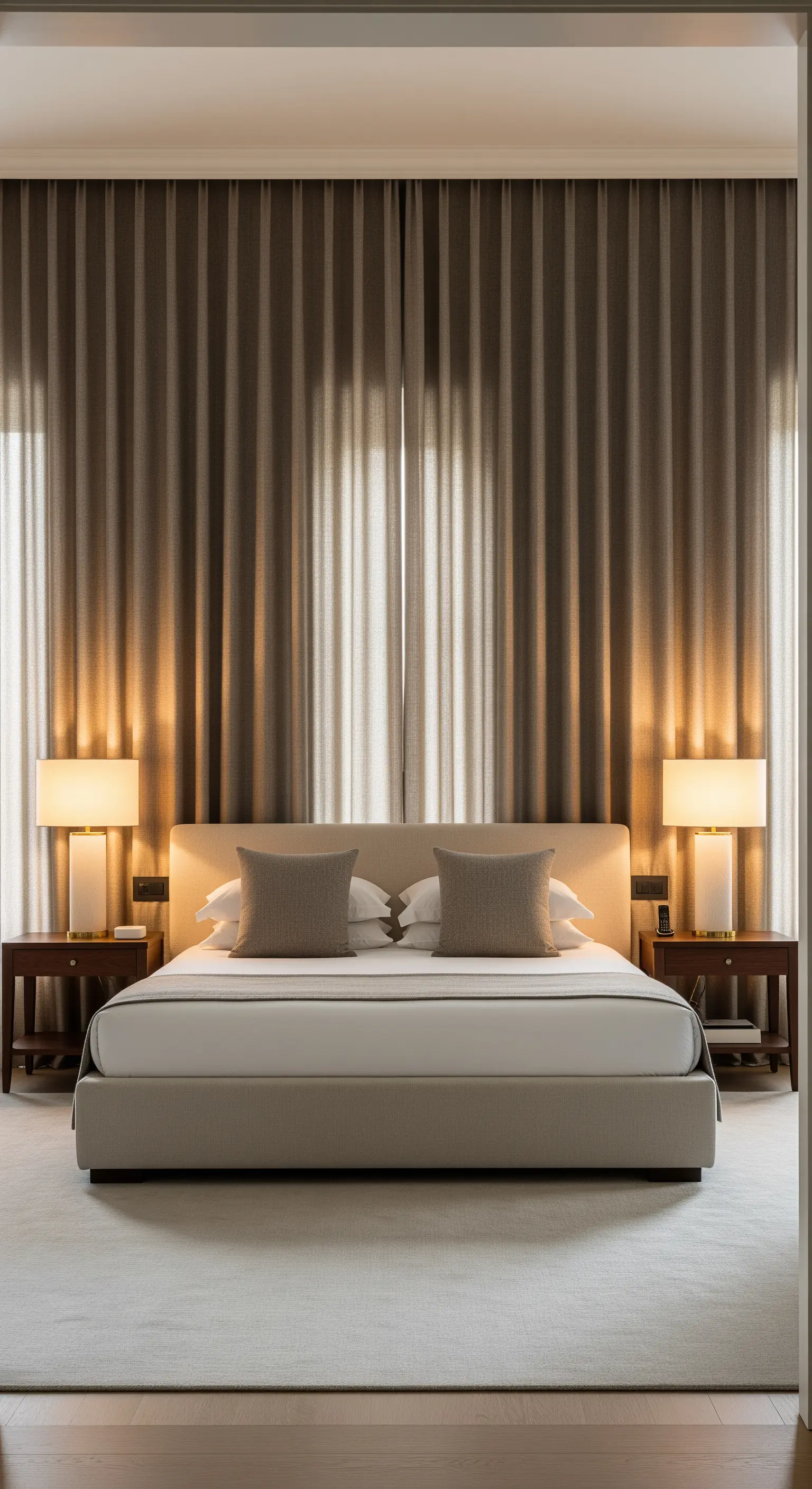 Taupefarbene Vorhangwand hinter modernem Bett