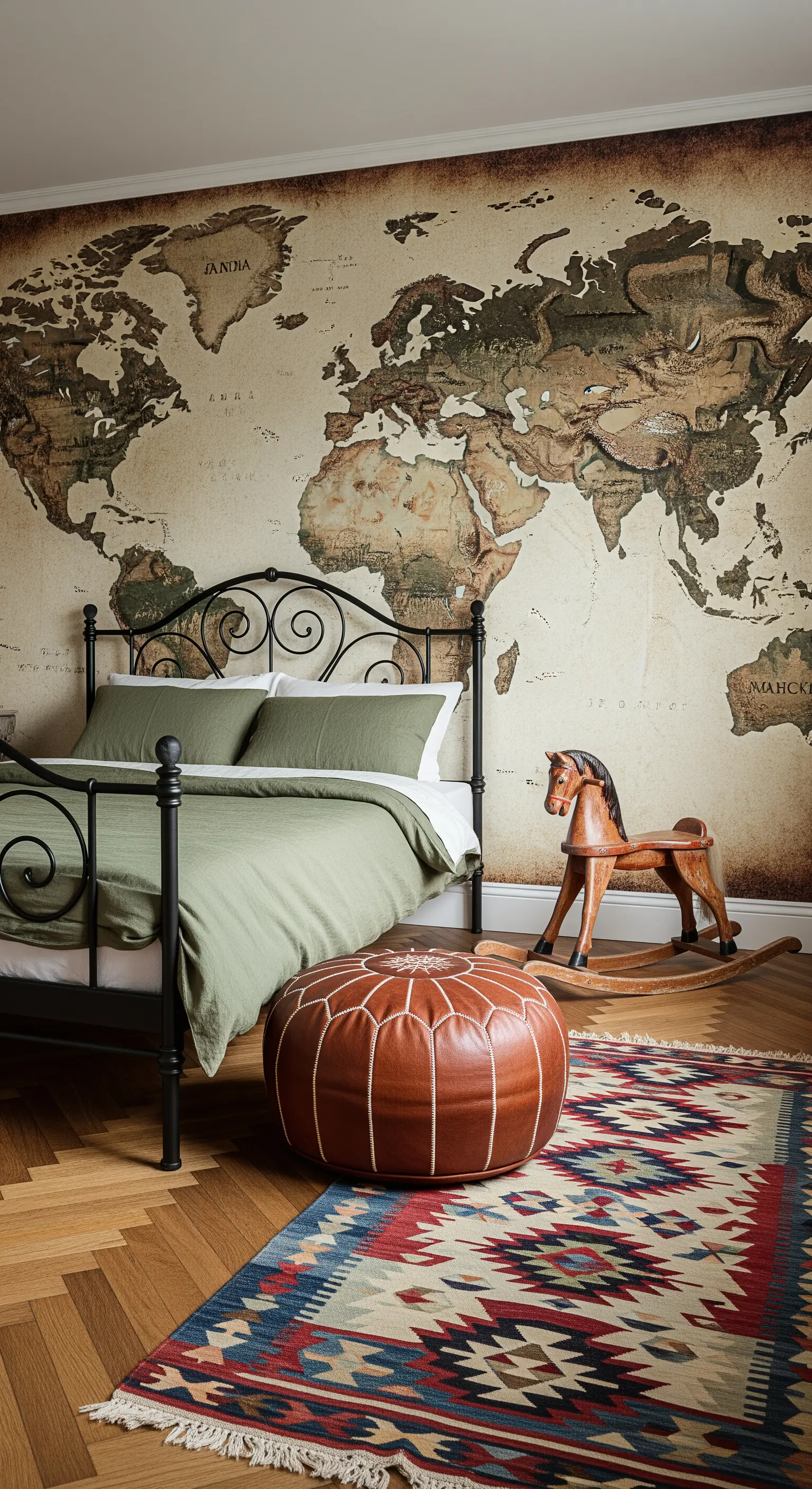 Große Vintage-Weltkarte als Tapete hinter einem Metallbett