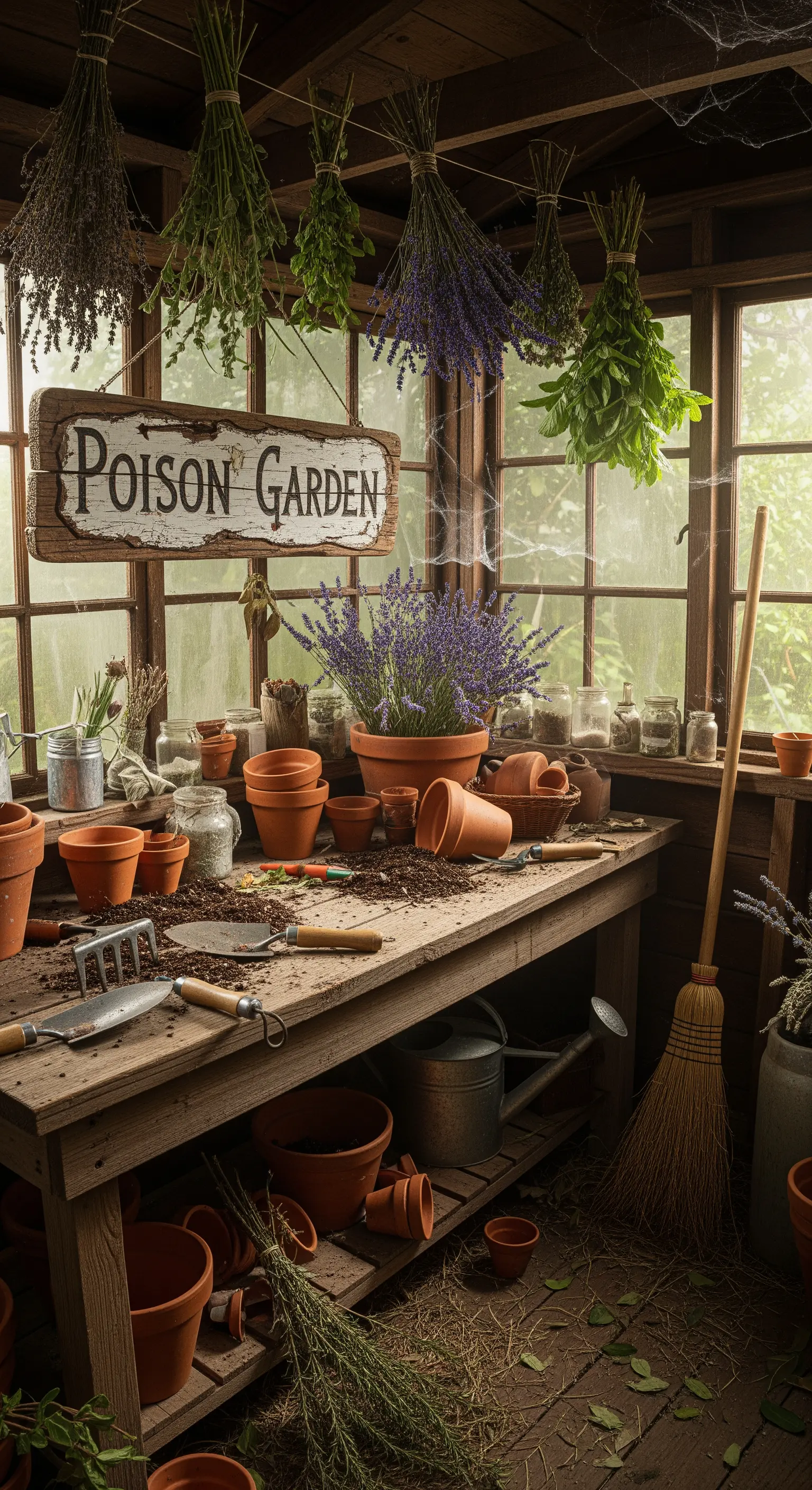 Pflanztisch mit Töpfen und Poison Garden Schild