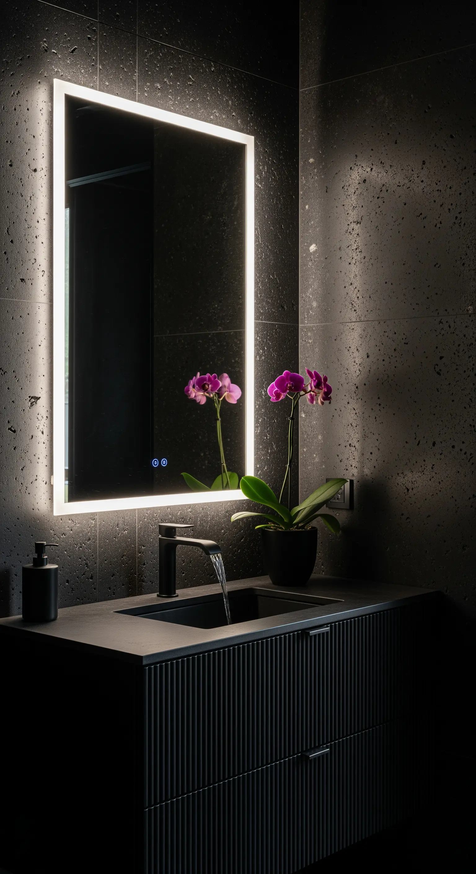 Elegantes Bad mit schwarzer Wand, Orchidee und Spiegellicht