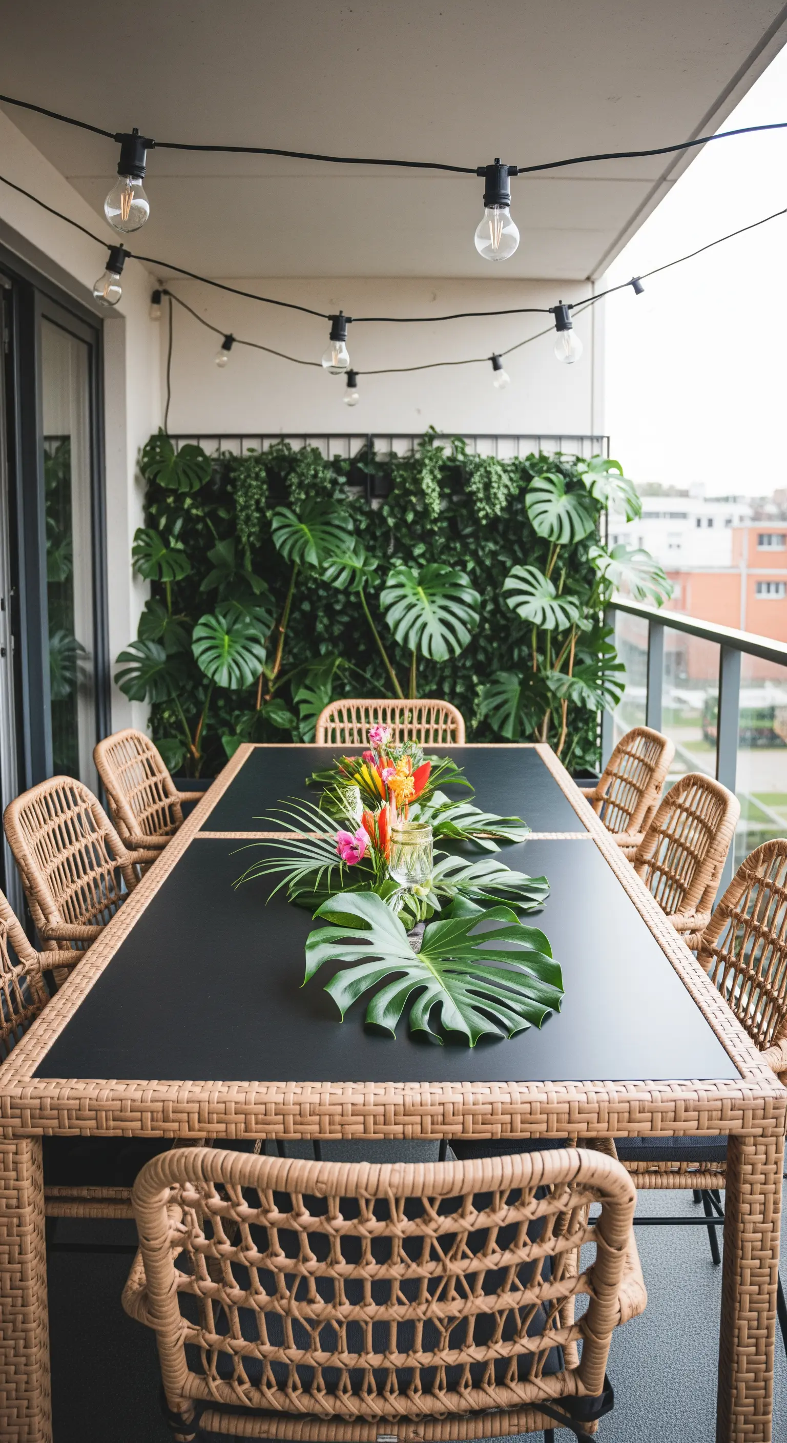 Schwarzer Esstisch mit Rattan-Stühlen unter Lichterketten vor einer grünen Pflanzenwand