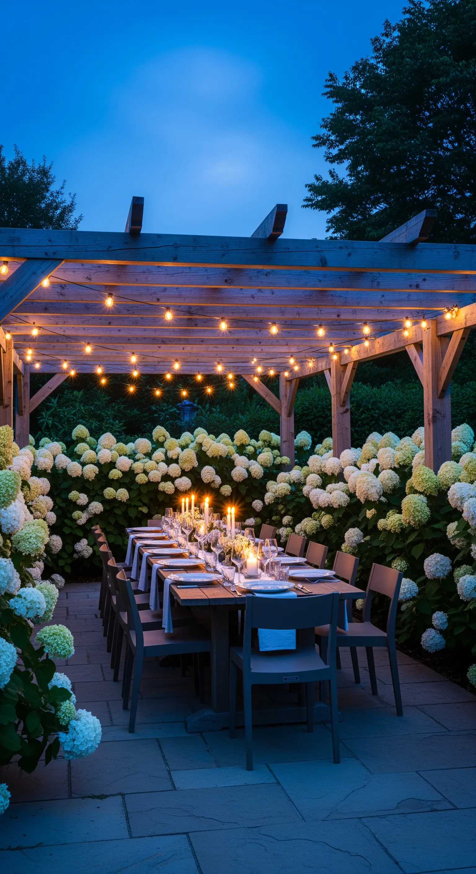 Gedeckter Tisch unter Pergola mit Lichterketten