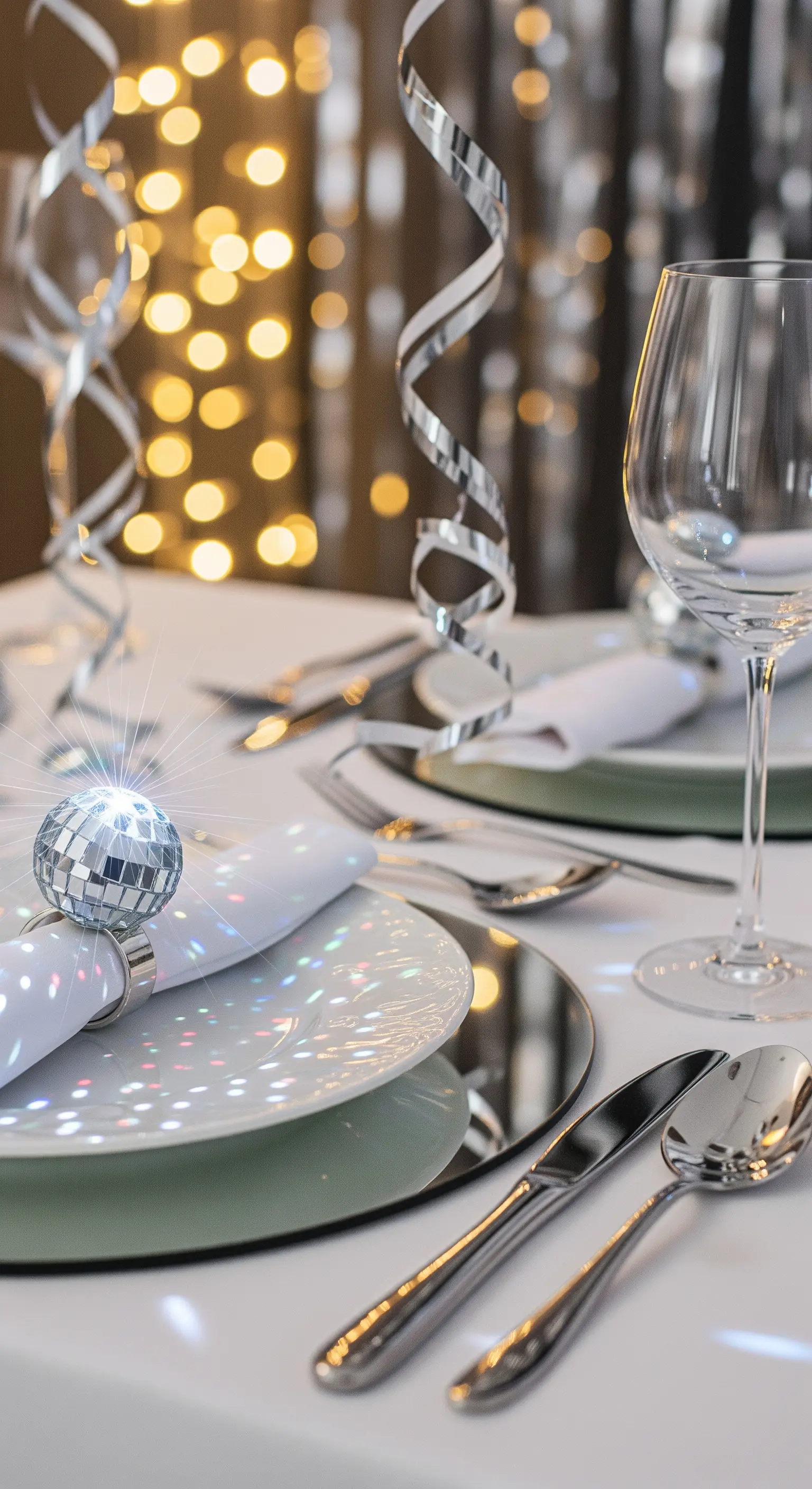 Serviettenring aus kleiner Discokugel auf Spiegelteller