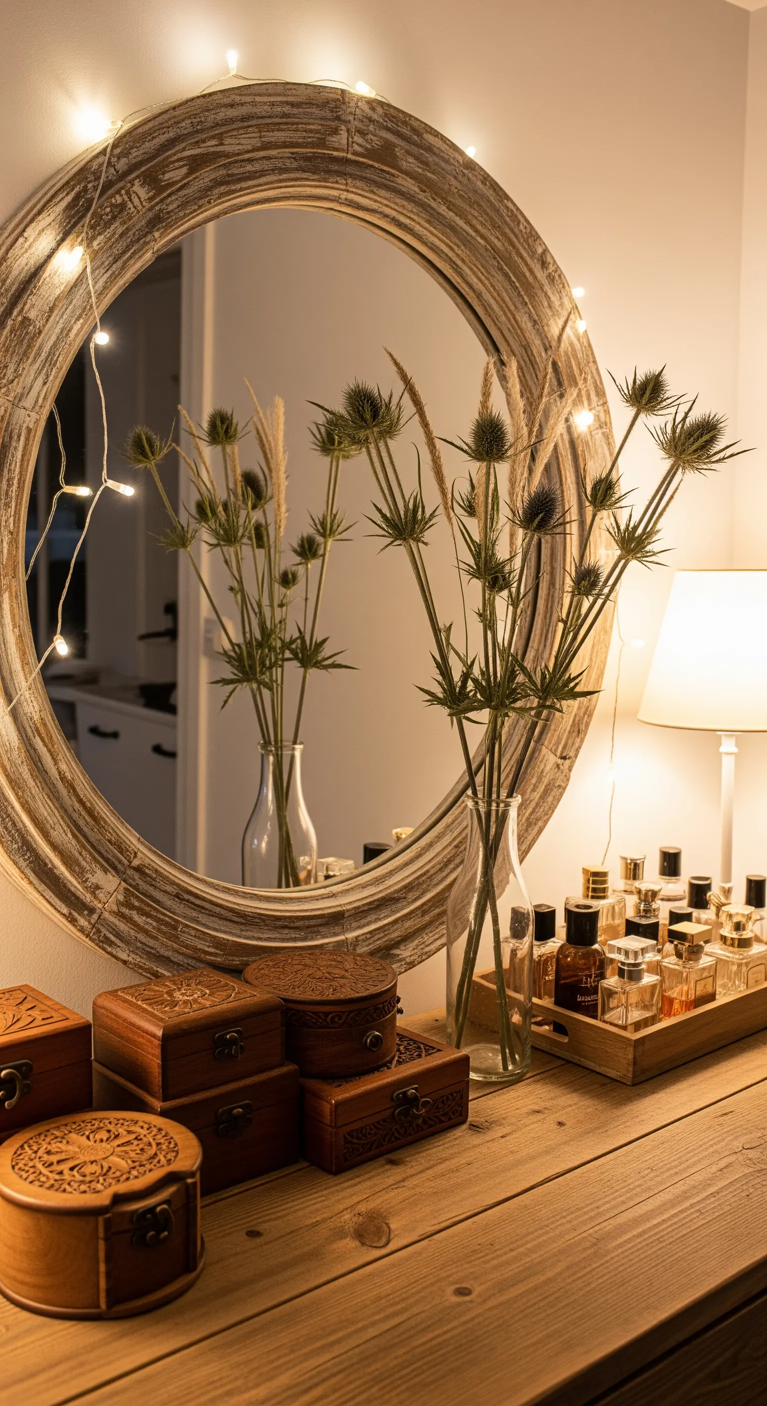 Runder Holzspiegel mit Lichterkette und Vase mit Disteln davor