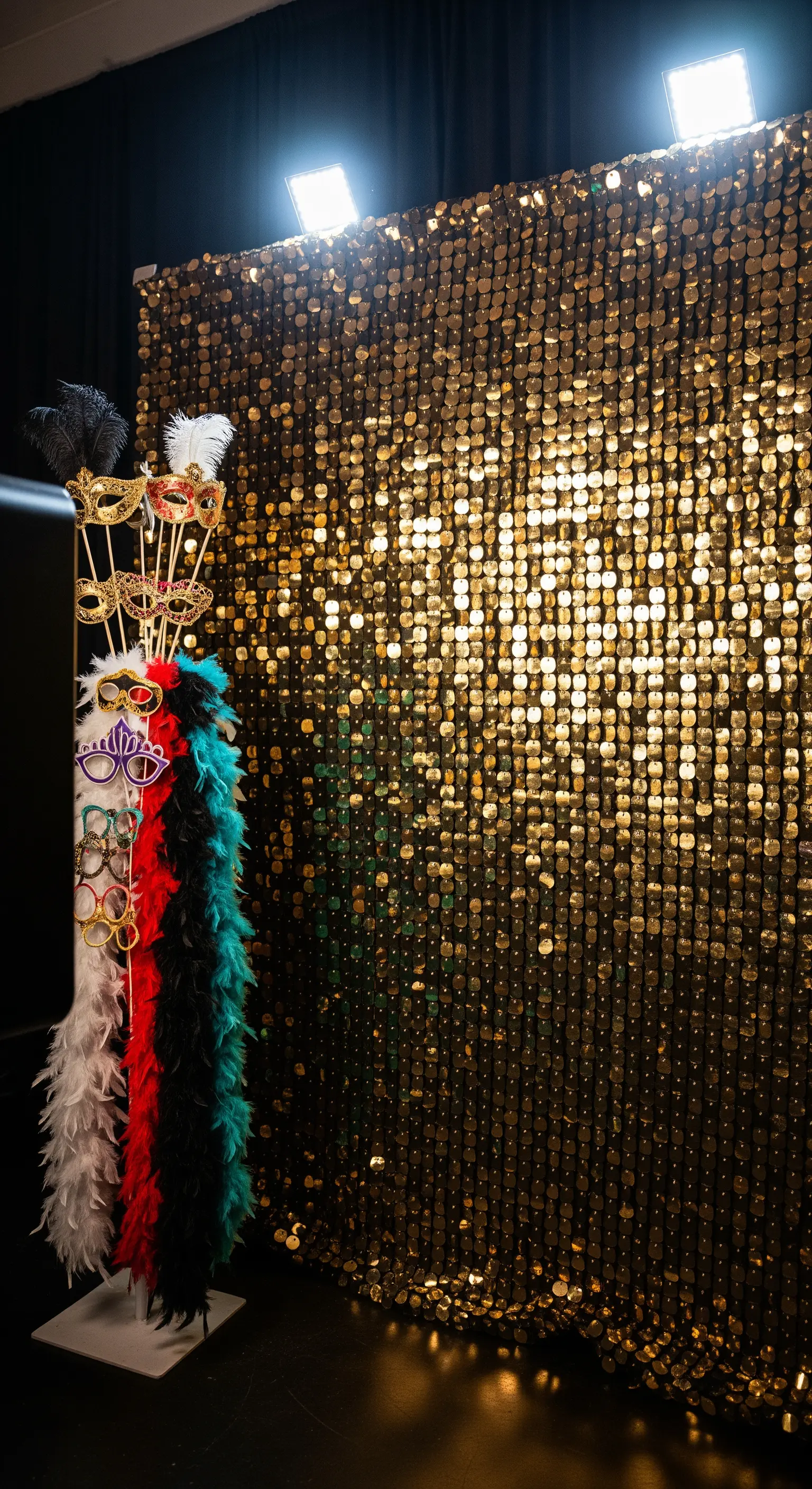 Goldener Paillettenvorhang mit Masken und Federn als Fotohintergrund