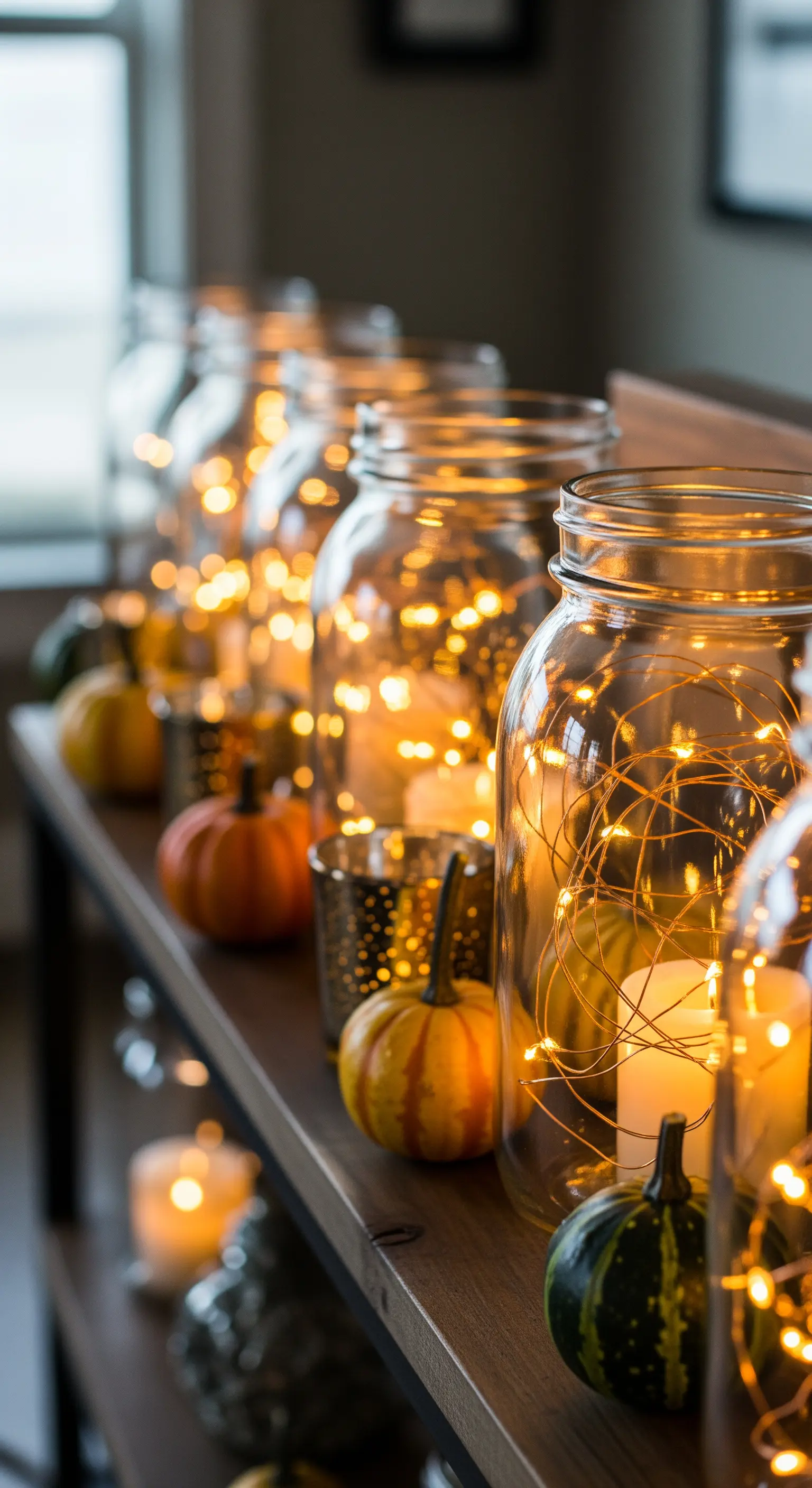 Sideboard mit mehreren Einmachgläsern gefüllt mit Lichterketten und kleinen Kürbissen