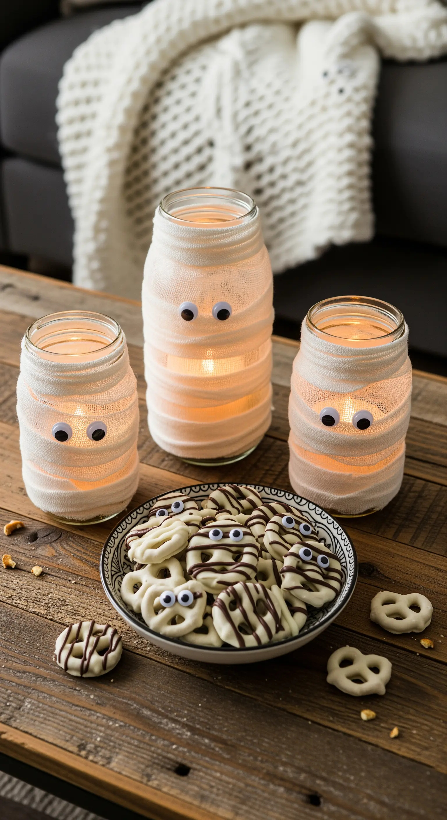 Leuchtende Mumien-Gläser und weiße Schoko-Brezeln