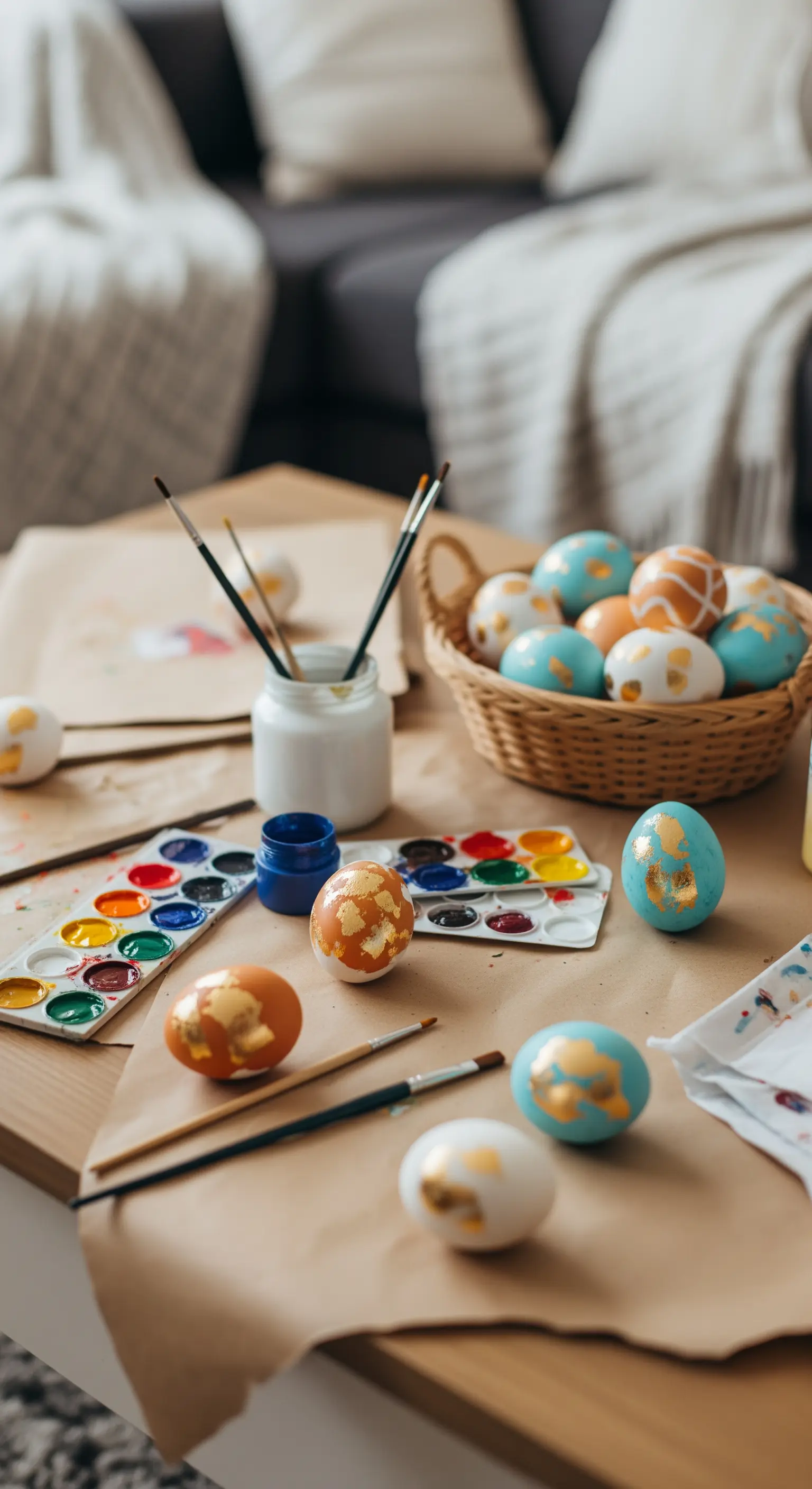 Tisch mit Malutensilien und goldverzierten Eiern