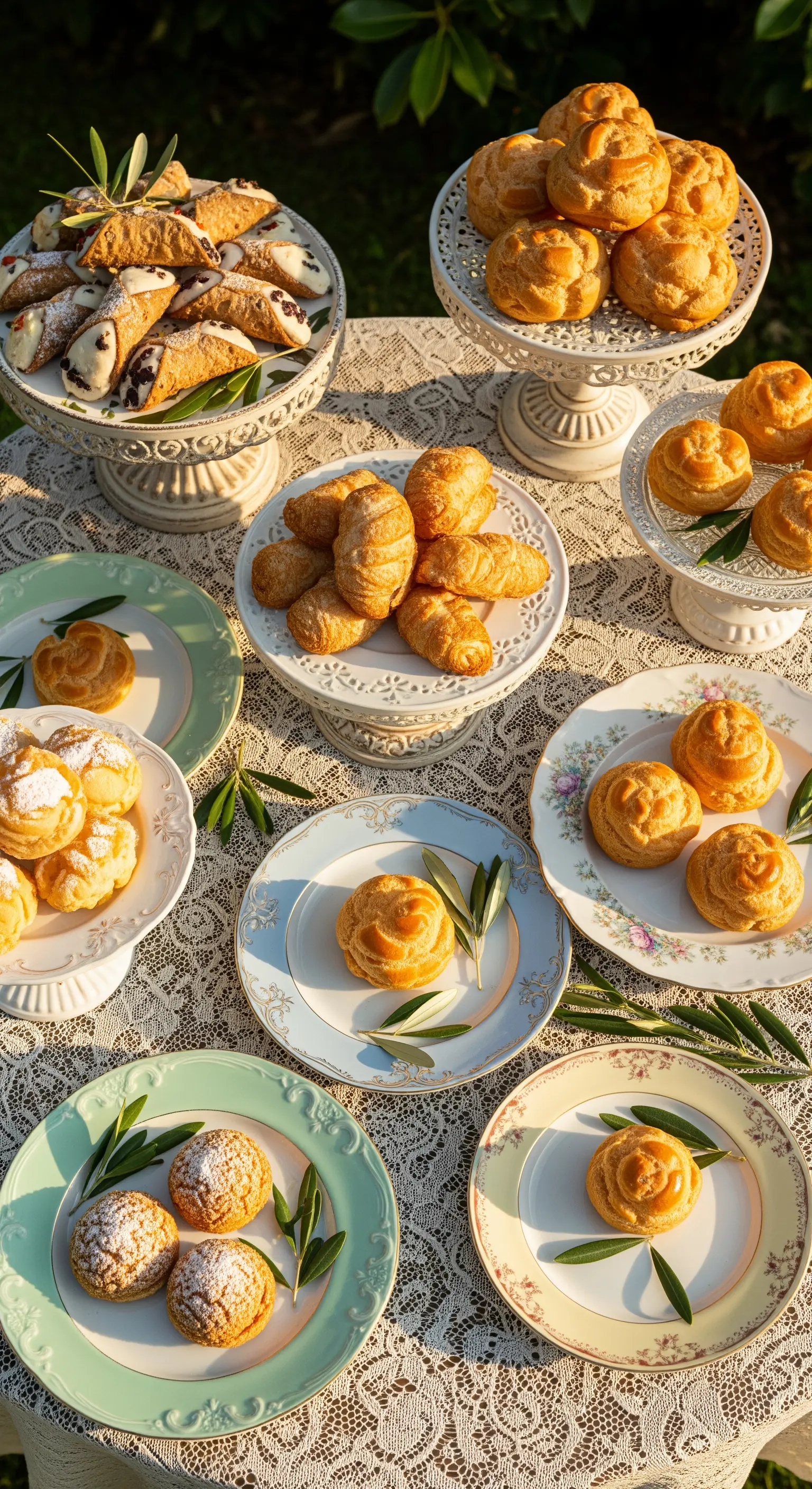 Italienisches Gebäck auf Etageren mit Olivenblättern dekoriert