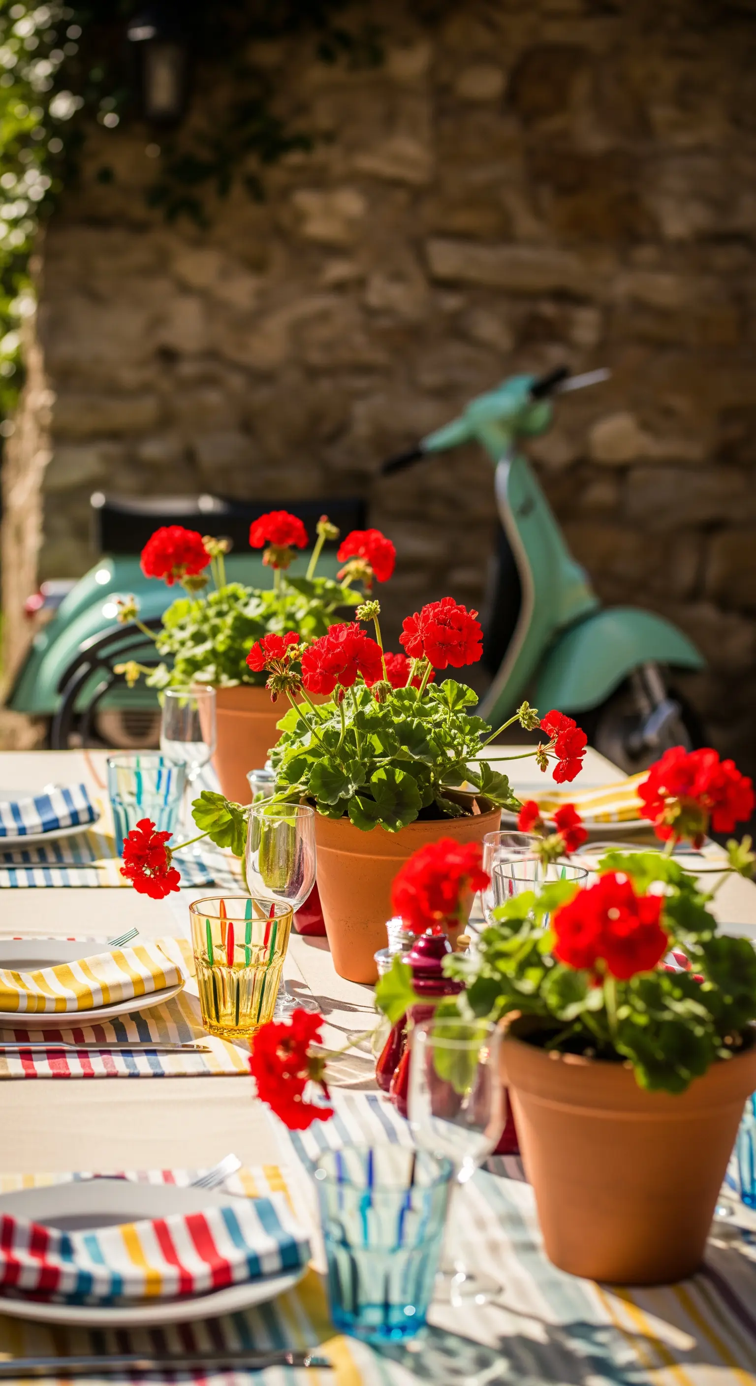 Tisch mit roten Geranien, im Hintergrund eine mintgrüne Vespa