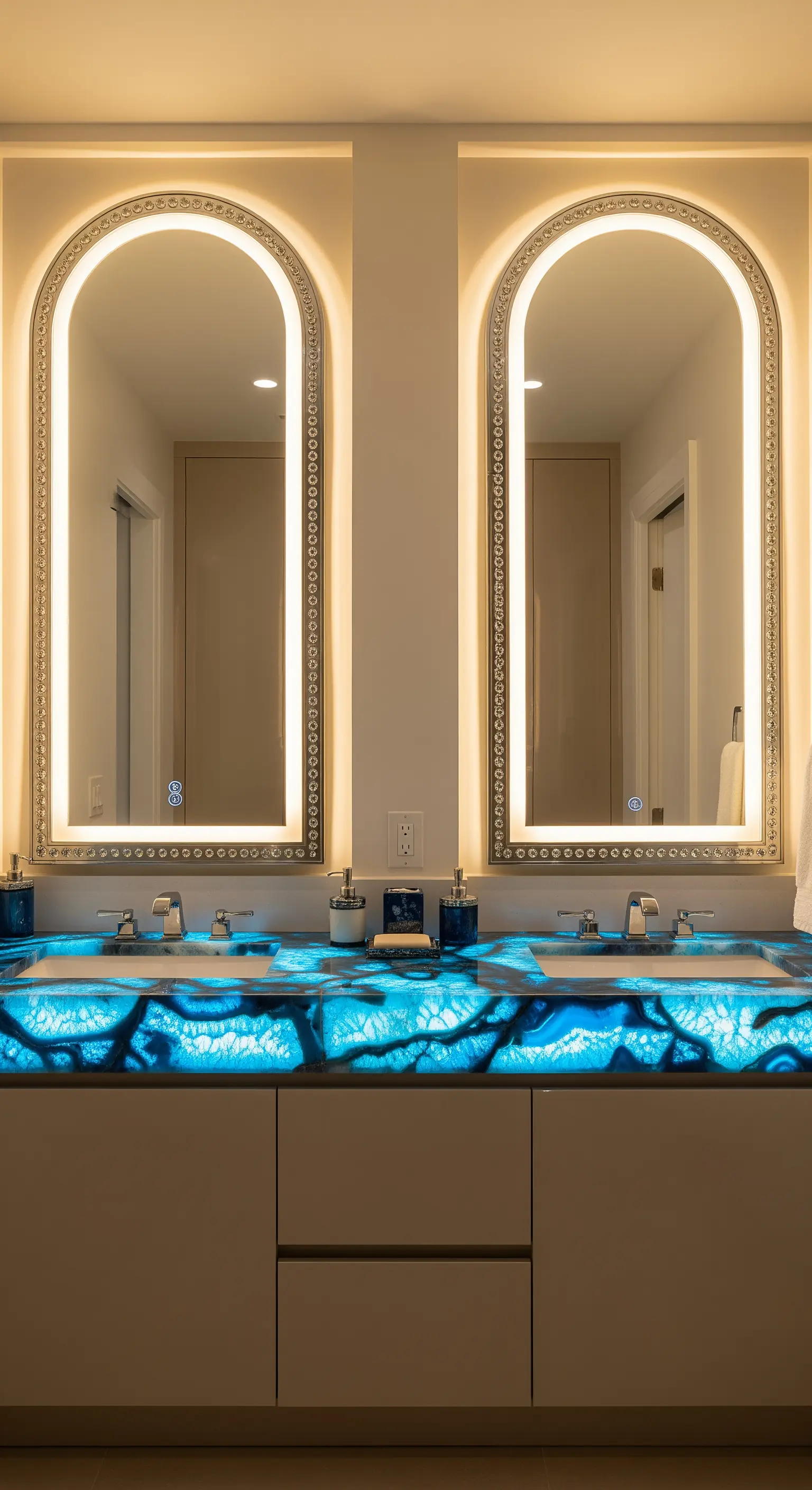 Doppelwaschtisch mit beleuchteter blauer Steinplatte und zwei Bogen-Spiegeln
