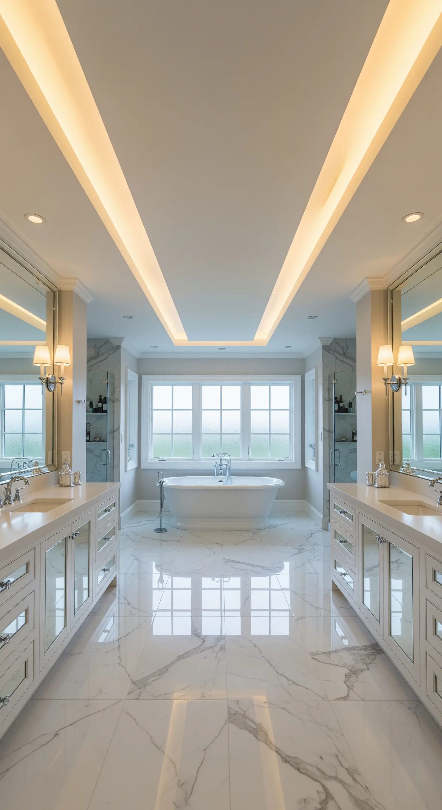 Großes weißes Bad mit zweifach abgestufter Decke und integriertem Licht