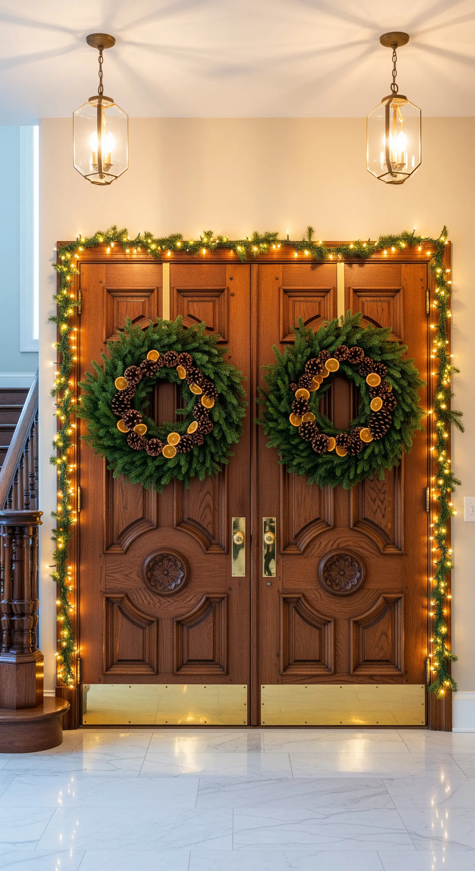 Zwei Weihnachtskränze an hölzerner Doppeltür mit Lichterkette
