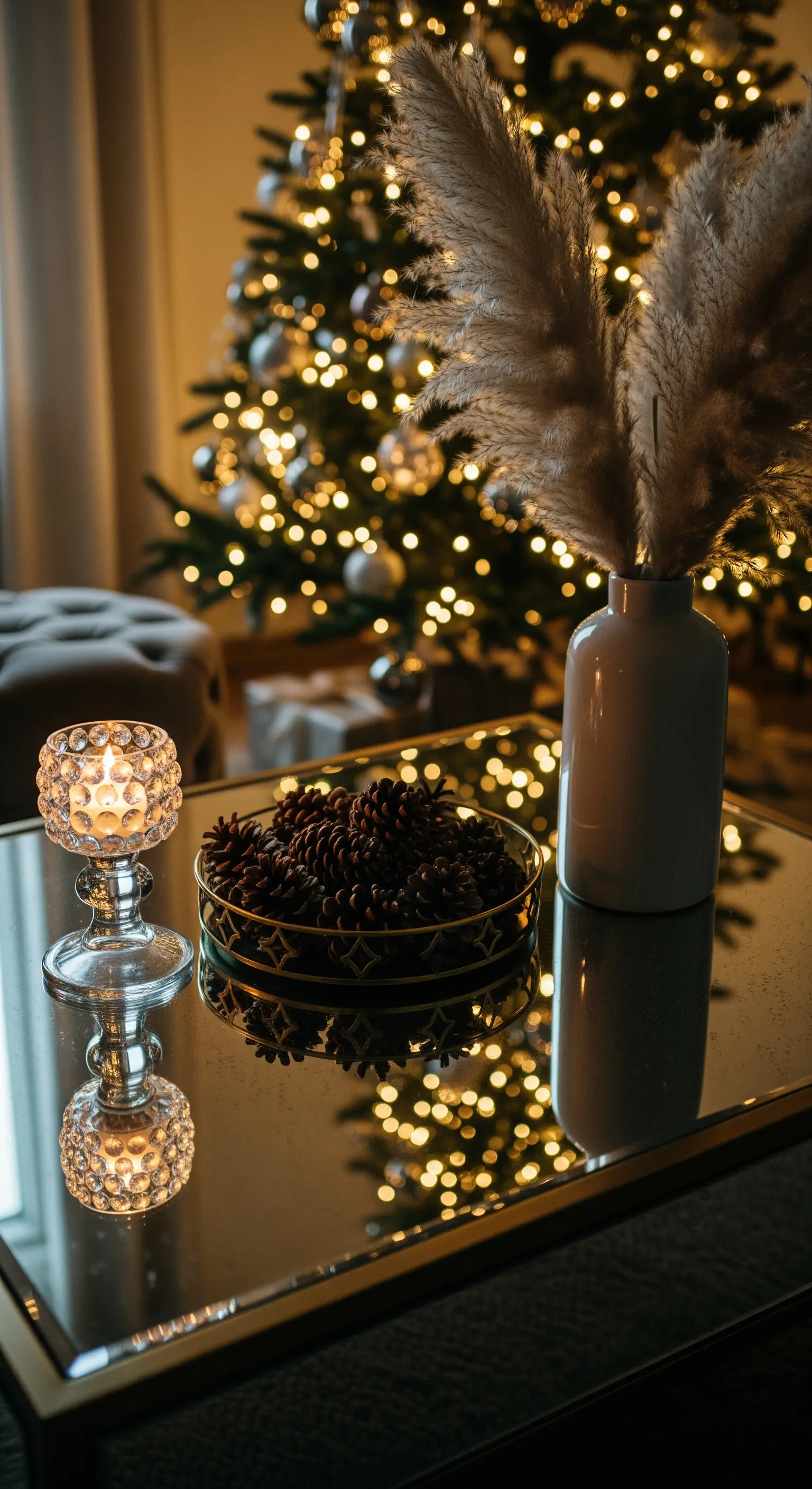 Spiegeltisch mit Kerzen und Zapfen reflektiert den Weihnachtsbaum