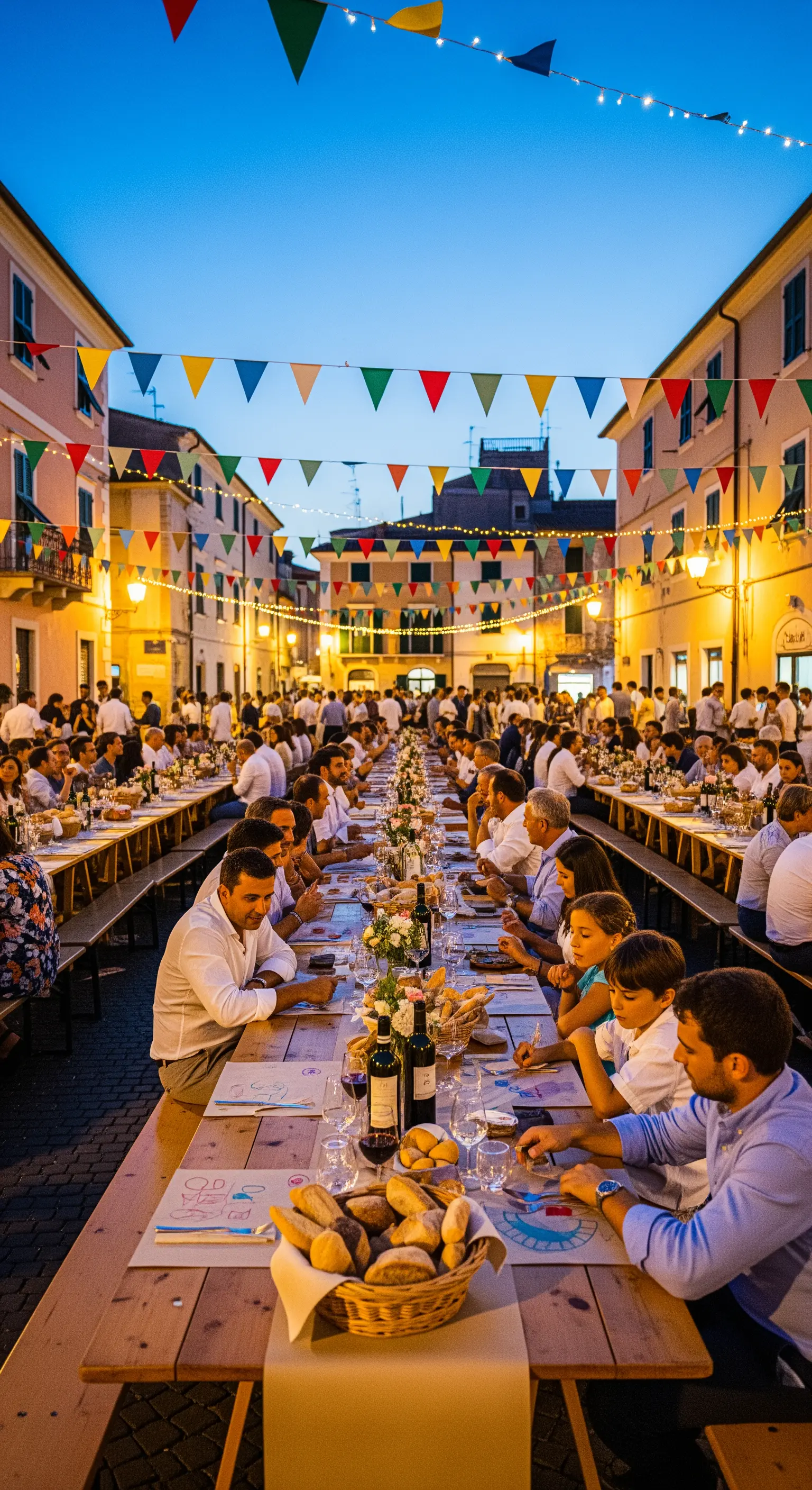 Lange Tafeln auf einem Dorfplatz unter bunten Wimpelketten