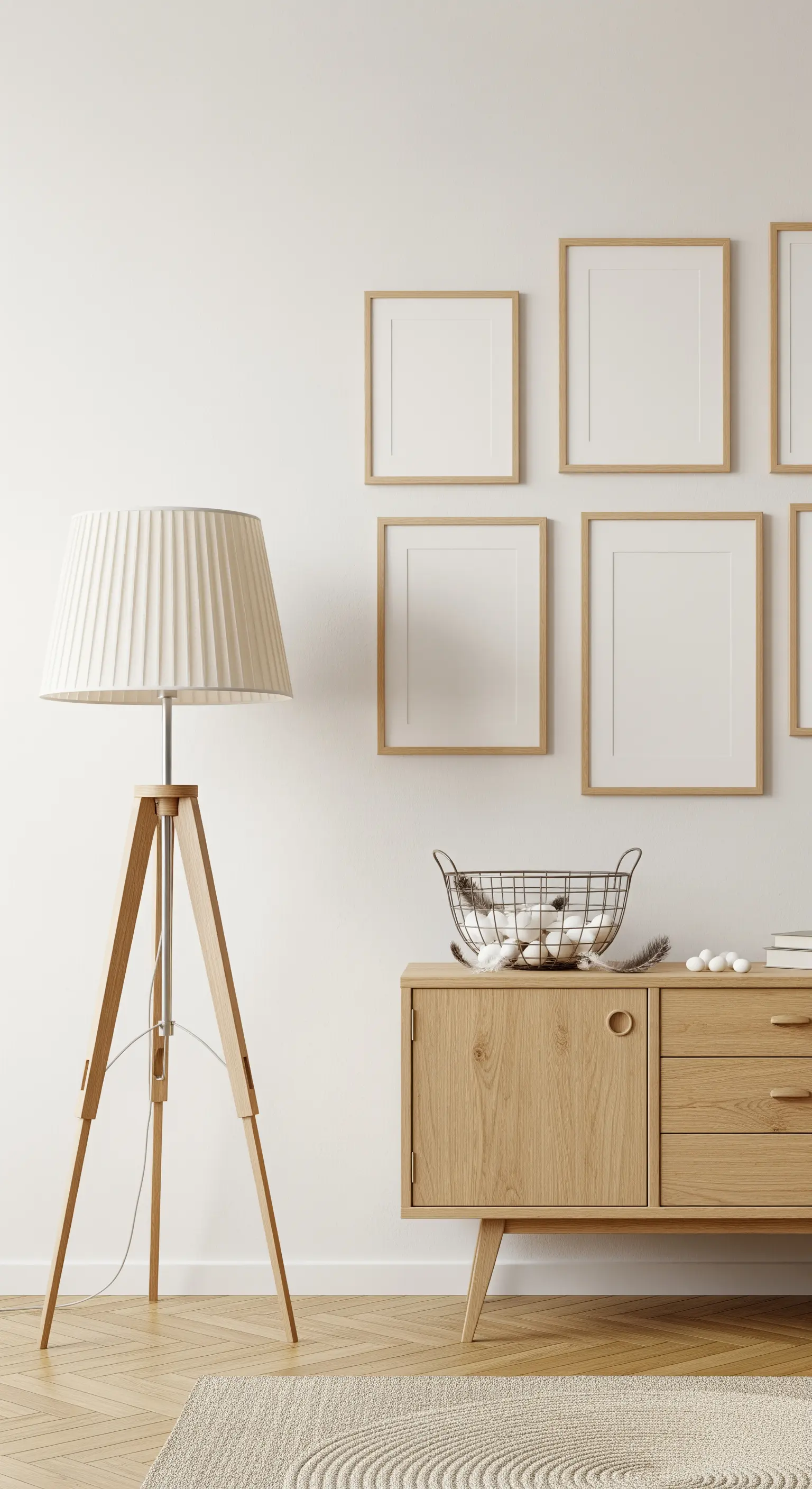 Sideboard mit leeren Rahmen und Drahtkorb