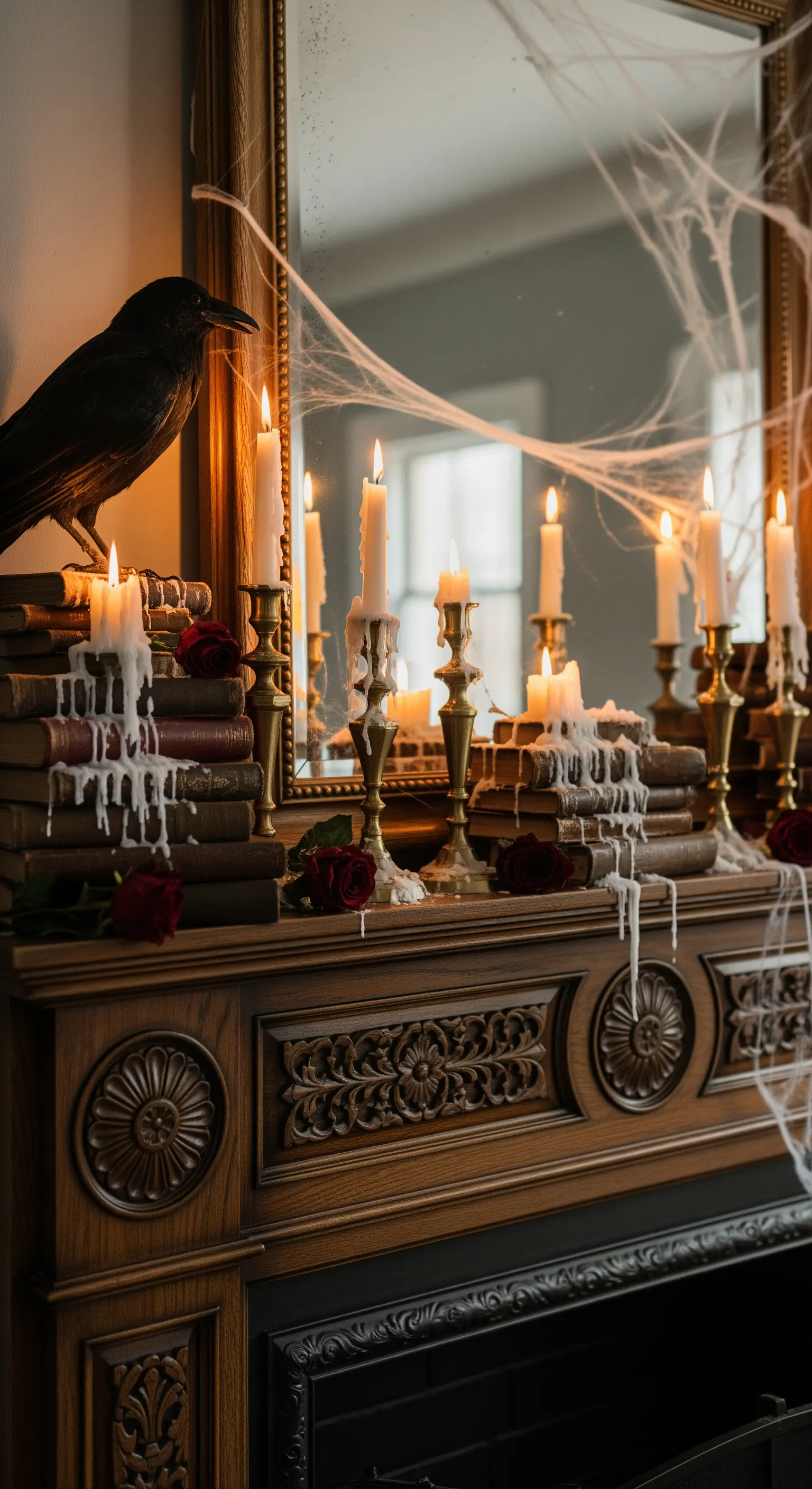 Kaminsims mit Rabe und herablaufenden Kerzen