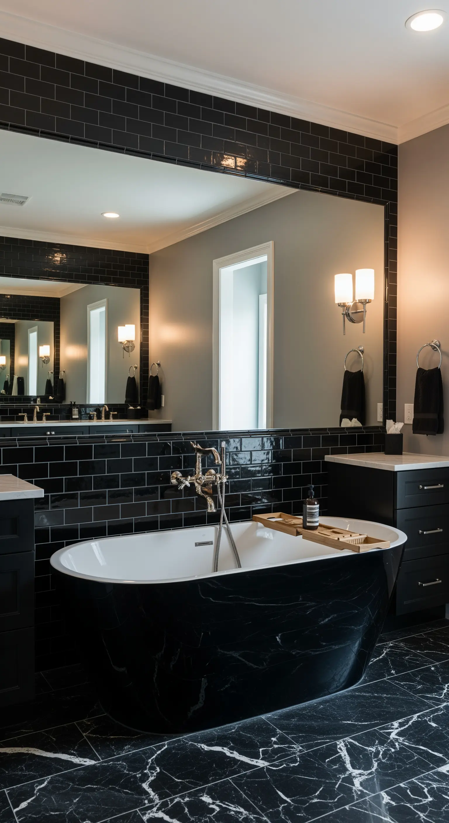 Schwarzes Bad mit glänzenden Subway-Fliesen