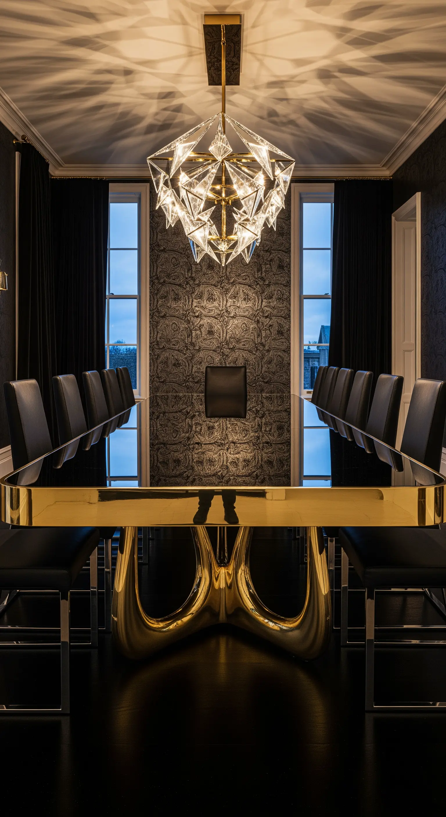 Schwarzer Glasesstisch mit Goldkante und Kronleuchter